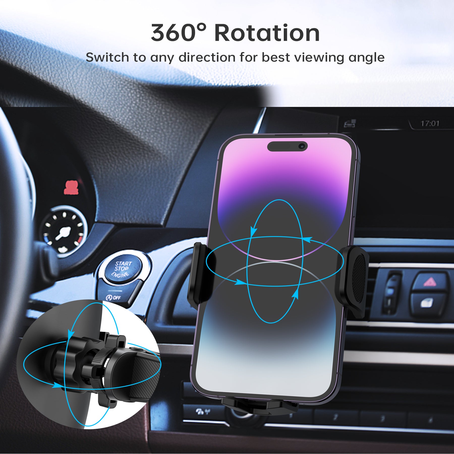 360° Rotating Air Vent Phone Mount - Secure Clip On Car Holder for iPhone, Samsung & Smartphones - Perfect for GPS Navigation & Hands-Free Driving