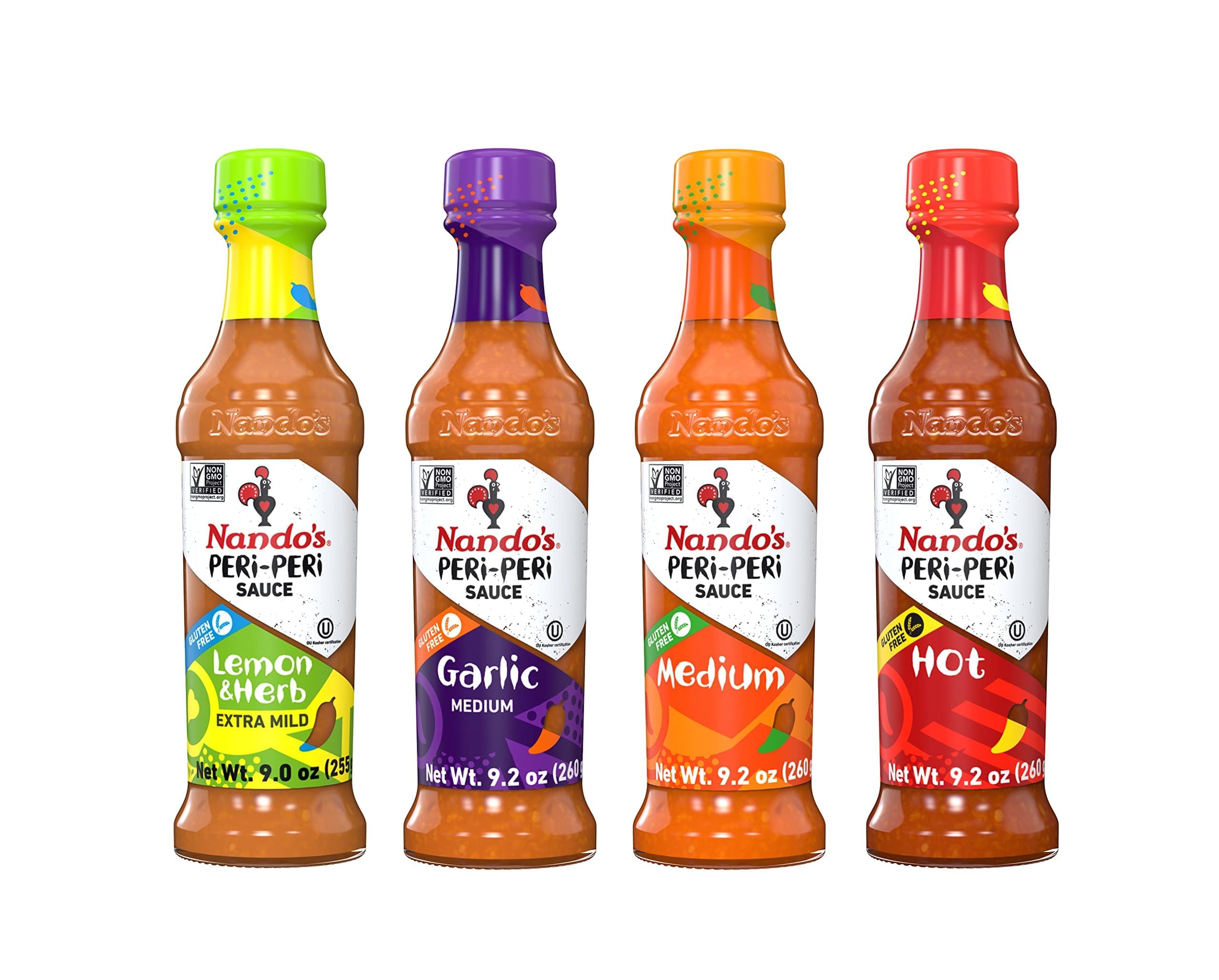 Nando's PERi-PERi Hot Sauce Variety Gift Pack - Medium, Hot, Garlic, Lemon & Herb Piri Piri Sauces (4 Pack, 9.1 oz) | Flavorful & Gluten-Free Hot Sauce Gift Set | Perfect for Wings, Grilling, Marinades & Dipping Sauces
