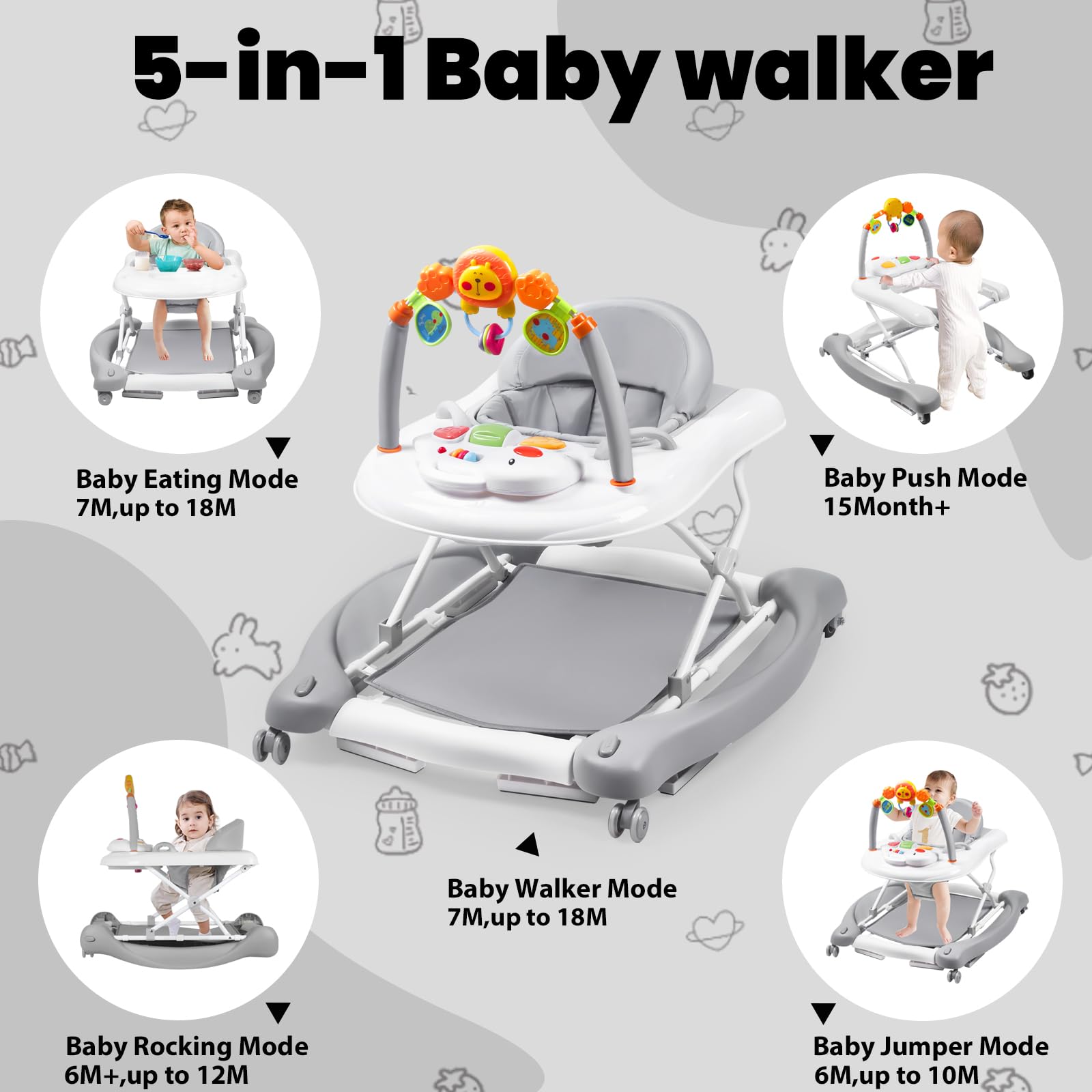5-in-1 Baby Walker for Boys & Girls 6-18 Months - Adjustable Foldable Activity Walker with Bouncer, Removable Footrest, Feeding Tray & Music Toys - Perfect for Learning to Walk, Playtime & Mealtime at Home or Daycare