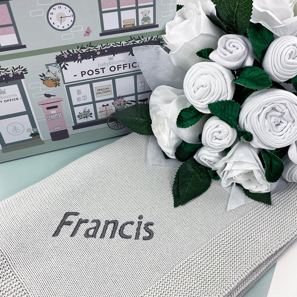 Luxury Rose Baby Clothes Bouquet & Personalized Baby Blanket Set - Soft Grey Baby Shower Gift for Newborn, Christening, or First Birthday - Perfect for Photo Shoots and Special Occasions