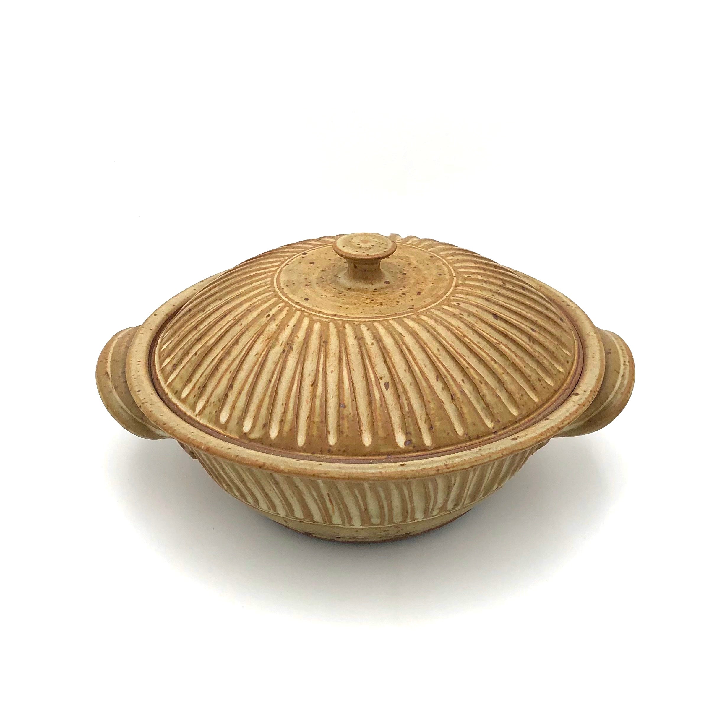 Coburn Large Lidded Casserole Dish - Fluted Tan Stoneware - Oven, Microwave & Freezer Safe - Perfect for Baking, Roasting & Serving Dishes