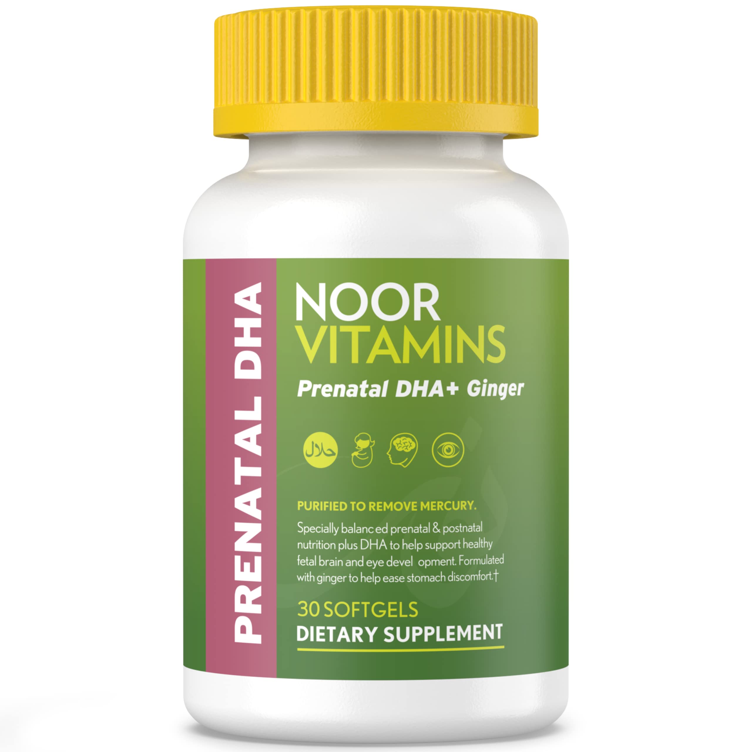 Halal Prenatal Vitamins with DHA, Folic Acid & Ginger - Noor Vitamins for Pregnancy Support Before, During & After - Iron-Rich Softgels for Morning Sickness Relief & Baby Development - 1 Month Supply - Perfect for Expecting Moms Seeking Natural Prenatal Care