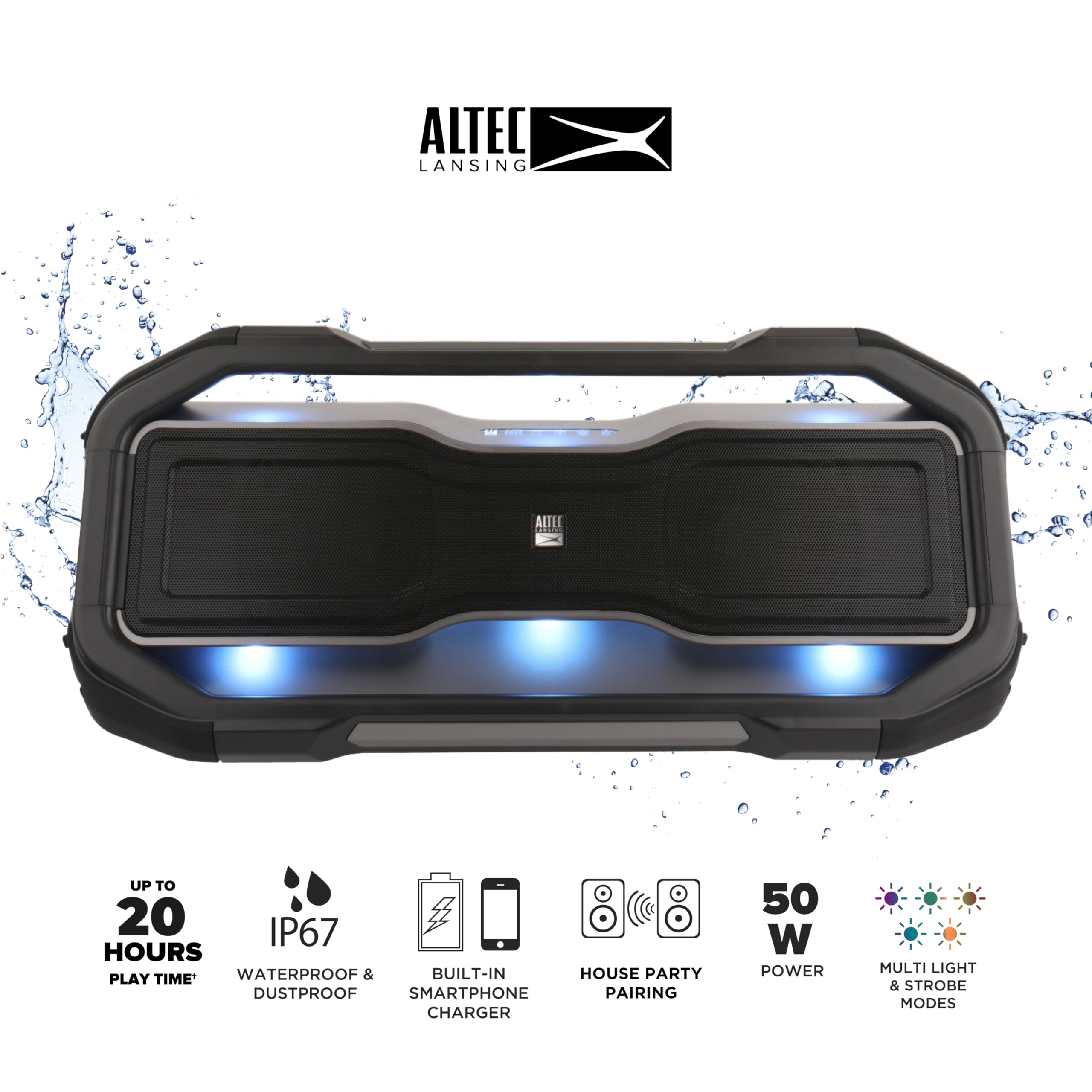 Altec Lansing ROCKBOX XL Wireless Bluetooth Speaker - Portable Waterproof Speaker with 20 Hours Playtime, 5 LED Light Modes, Floating Design for Pool Parties, Beach Outings & Outdoor Adventures