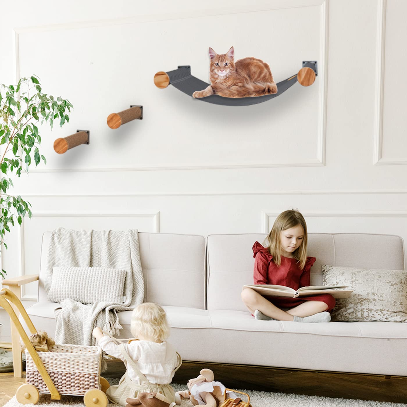 Premium Wall-Mounted Cat Hammock & Perch with 2 Steps - Modern Cat Wall Shelves for Indoor Cats - Grey Cat Furniture for Sleeping, Playing & Climbing - Perfect for Small Spaces & Cat Enrichment