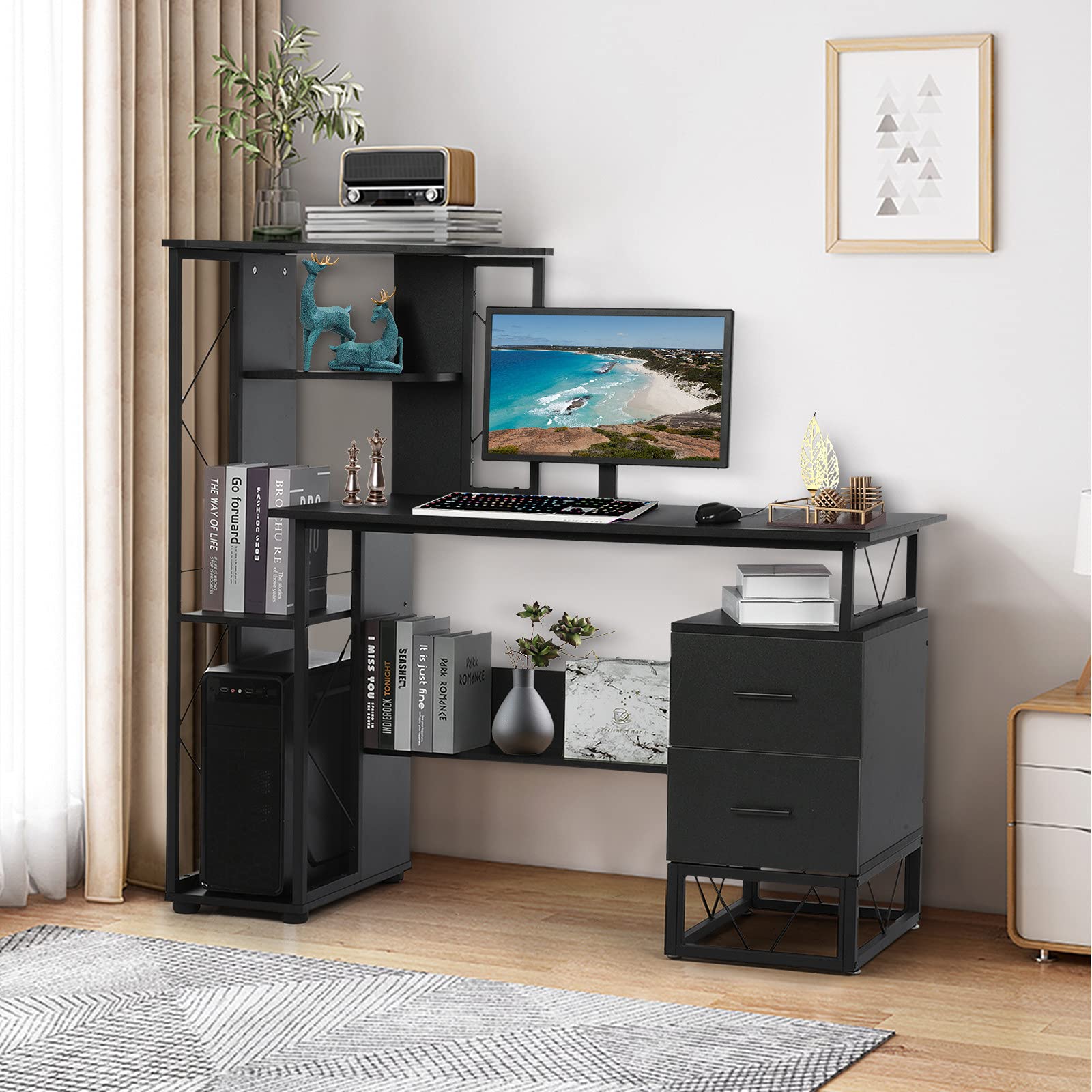 Guolarizi Computer Desk with Multiple Racks and Drawers - 55 Inch Home Office Desk, Writing Workstation Study Desk with Storage Shelves (Khaki) - Perfect for Small Spaces, Gaming Setup & Remote Work