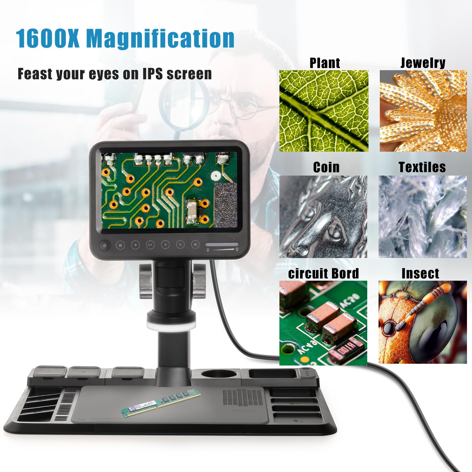 7'' Digital Microscope 1600X Magnification with Silicone Repair Mat & 28 LED Lights - 12MP High Resolution Sensor, IPS Touch Screen for Coin Collecting, Soldering, Electronics Repair (Includes 32GB Storage) - Perfect for Jewelry Inspection, PCB Repair & Hobbyist Use