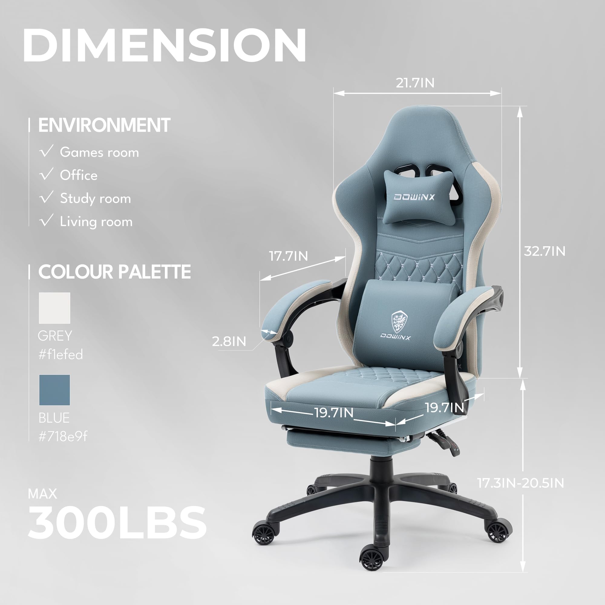 Dowinx Ergonomic Gaming Chair - Breathable Fabric Office Chair with Pocket Spring Cushion & Gel Pad, Adjustable Footrest & Storage Bag - Blue Computer Chair for Gamers & Home Office Use
