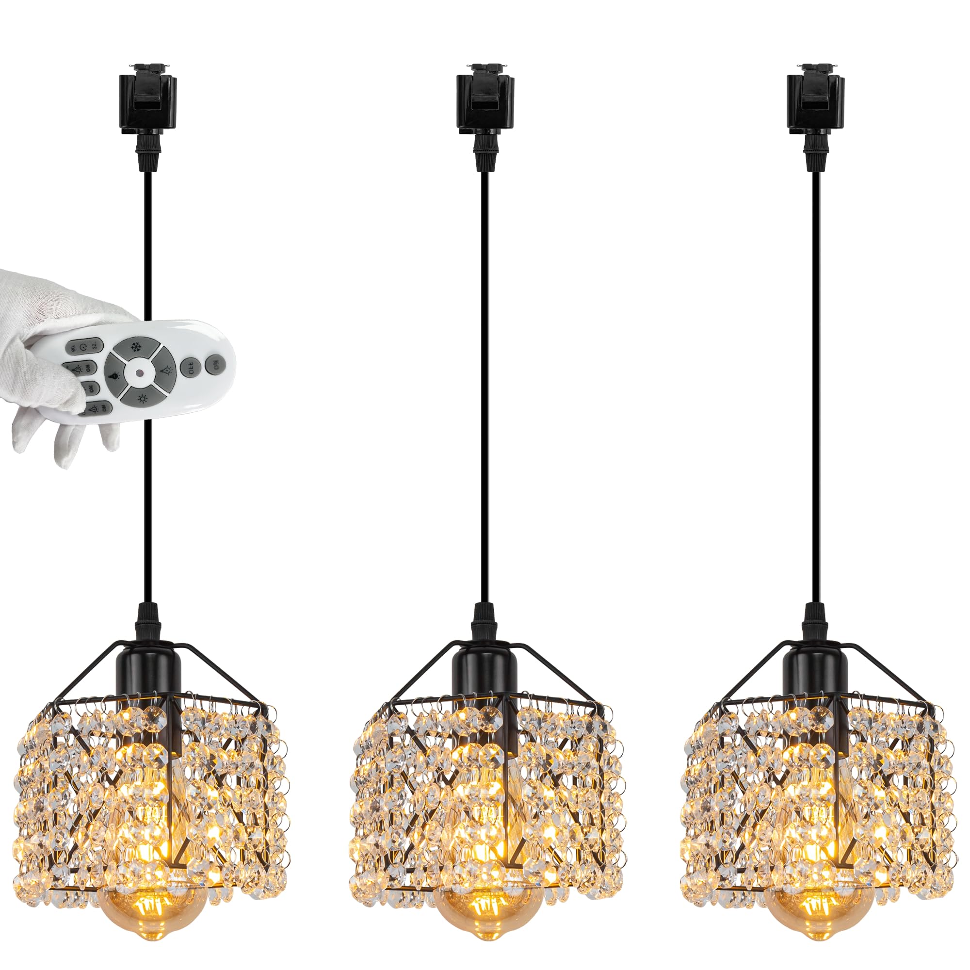 Black Iron Crystal Square Cage J Type Track Lighting Pendants - Modern Remote Control Dimmable LED Lights with Adjustable Color Temperature (Warm to Cool White) - Perfect for Kitchen Island, Dining Room, and Commercial Spaces Lighting Decoration