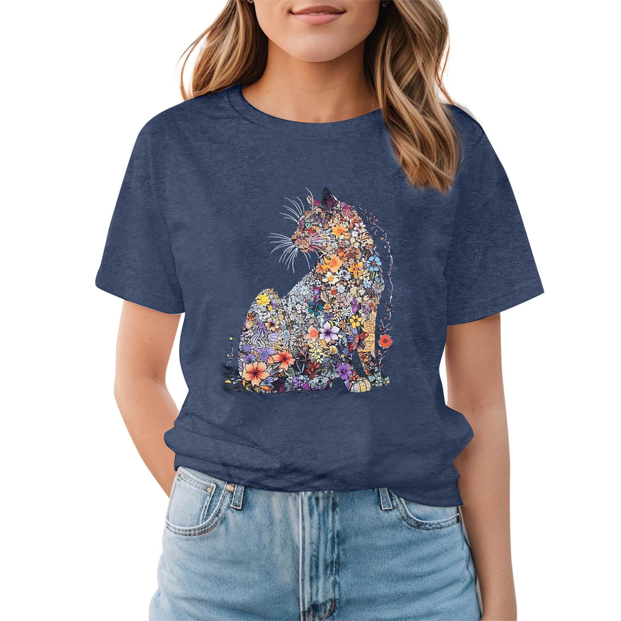 Women's Cat Lady Floral Print T-Shirt - Cute Cat Mom Short Sleeve Casual Top for Cat Lovers | Perfect for Everyday Wear, Gifts & Cat-Themed Events