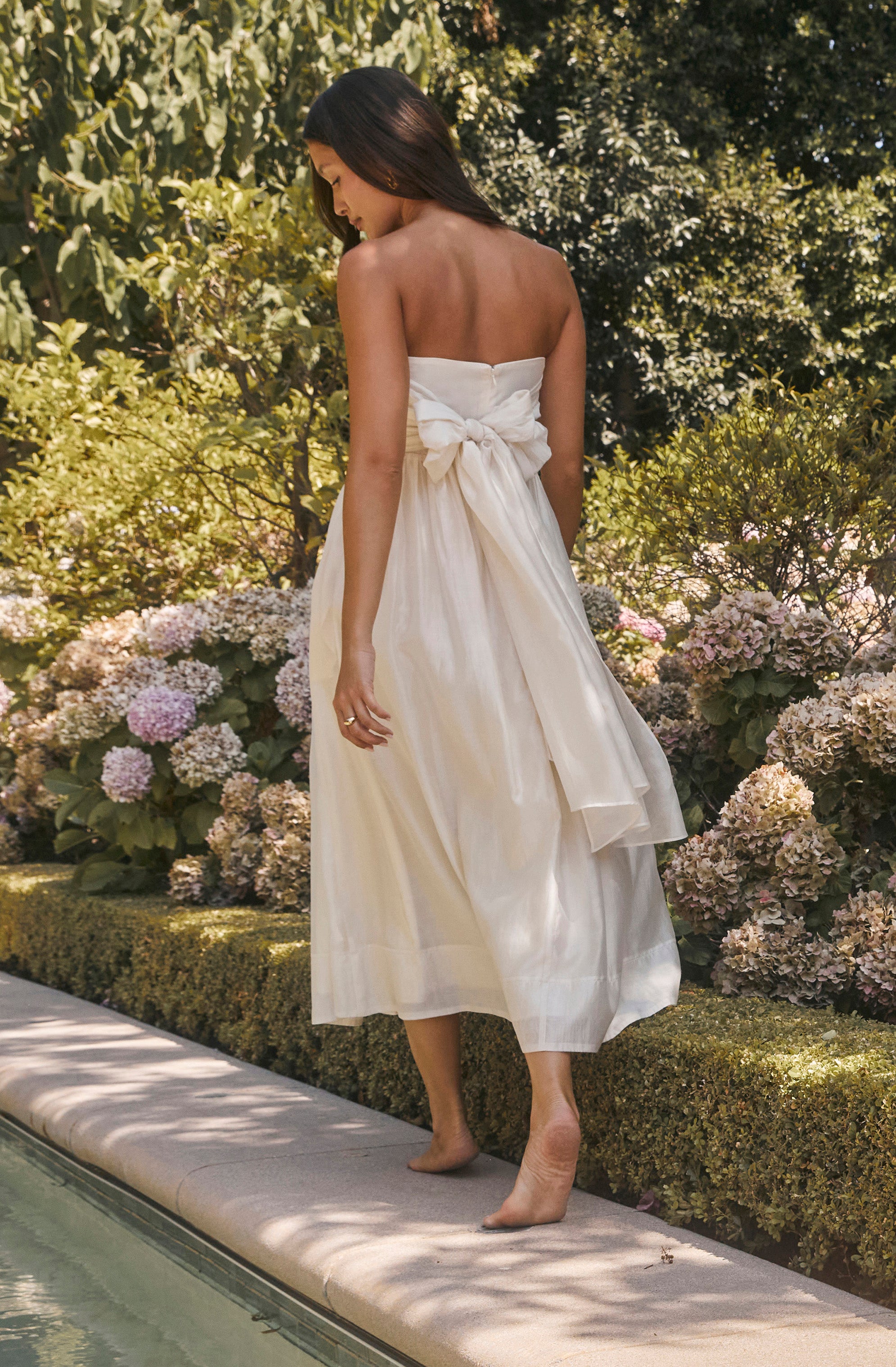 Strapless Pleated Midi Dress by Aneesha - Elegant Ruffled Cocktail Party Dress for Women, Perfect for Weddings, Evening Events & Date Nights