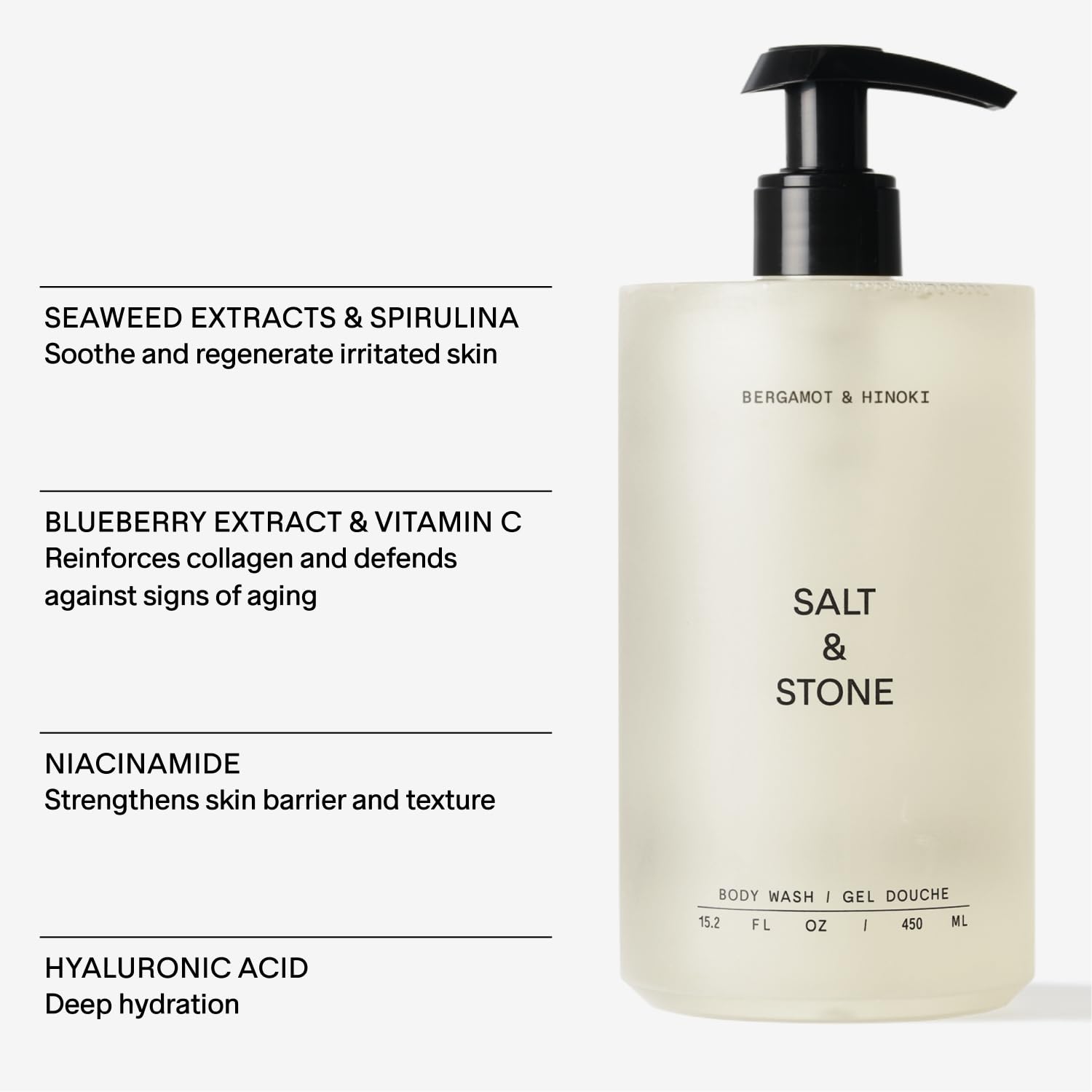 **Salt & Stone Antioxidant-Rich Body Wash Bundle (15.2 Oz Pump Bottle + 32 Oz Refill Pouch) – Bergamot & Hinoki Scent | Paraben, Sulfate & Phthalate-Free | Hydrating & Refreshing for Daily Shower & Spa-Like Experience**