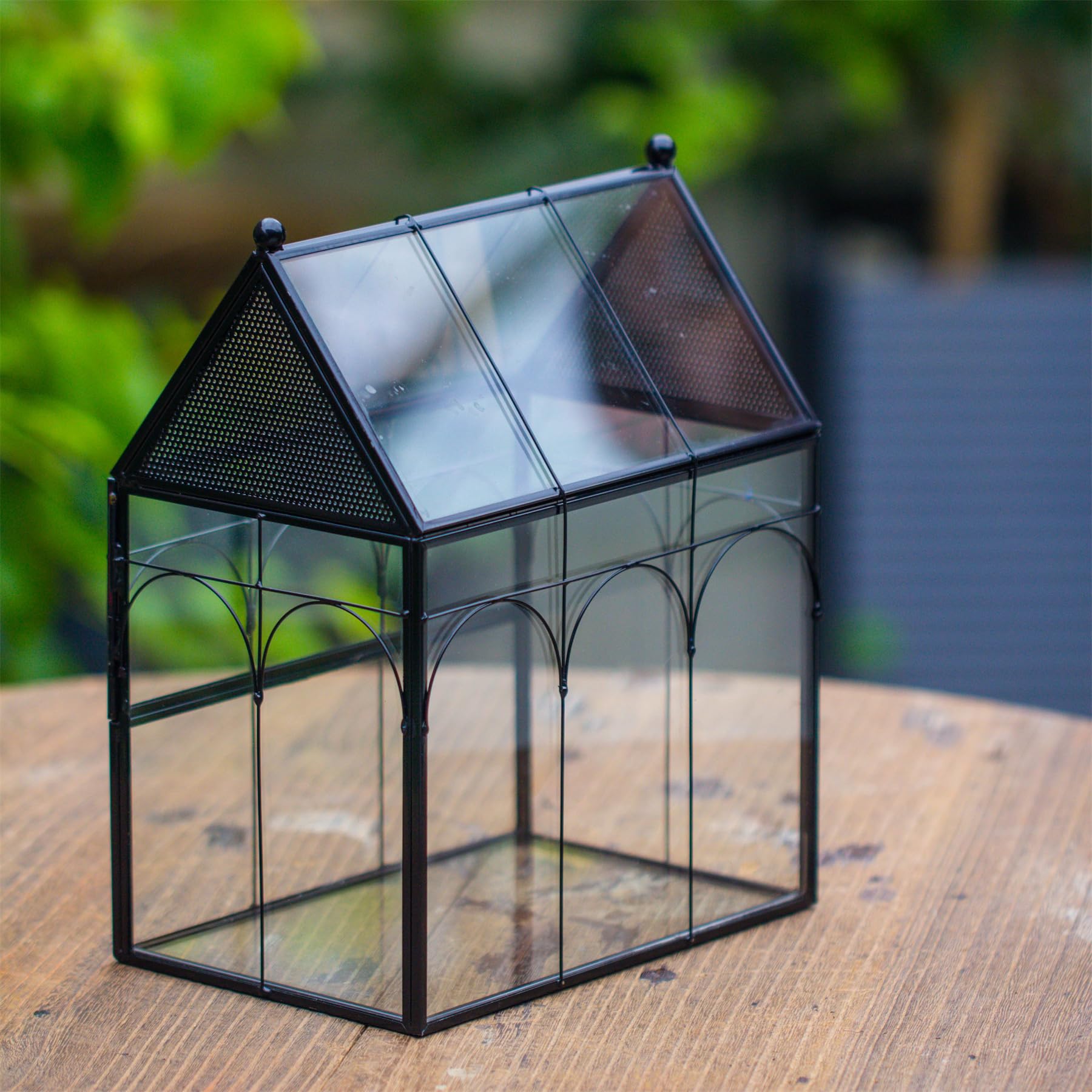 NCYP Glass Terrarium with Ventilation Holes - 7.5x4.9x9 Inch Small House-Shaped Habitat for Jumping Spiders, Insects & Snails - Closed Front Door Succulent Planter - Black Home Decor (No Plants Included) - Perfect for Pet Enclosures, Plant Displays & Decorative Home Accents