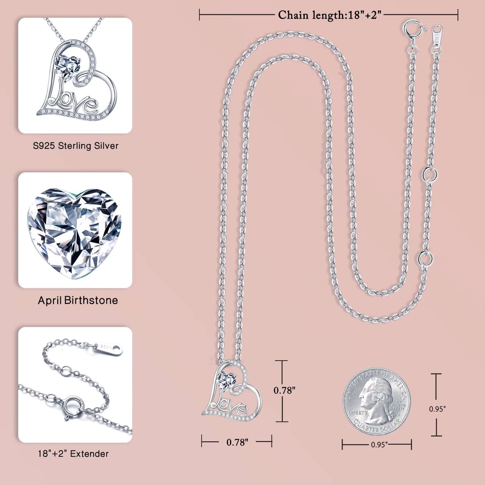 Forever Love 925 Sterling Silver Heart Pendant Necklace with Birthstone - Romantic Anniversary Gift for Women, Wife, Mom, Girlfriend - Perfect for Christmas, Birthday, Valentine's Day & Special Occasions