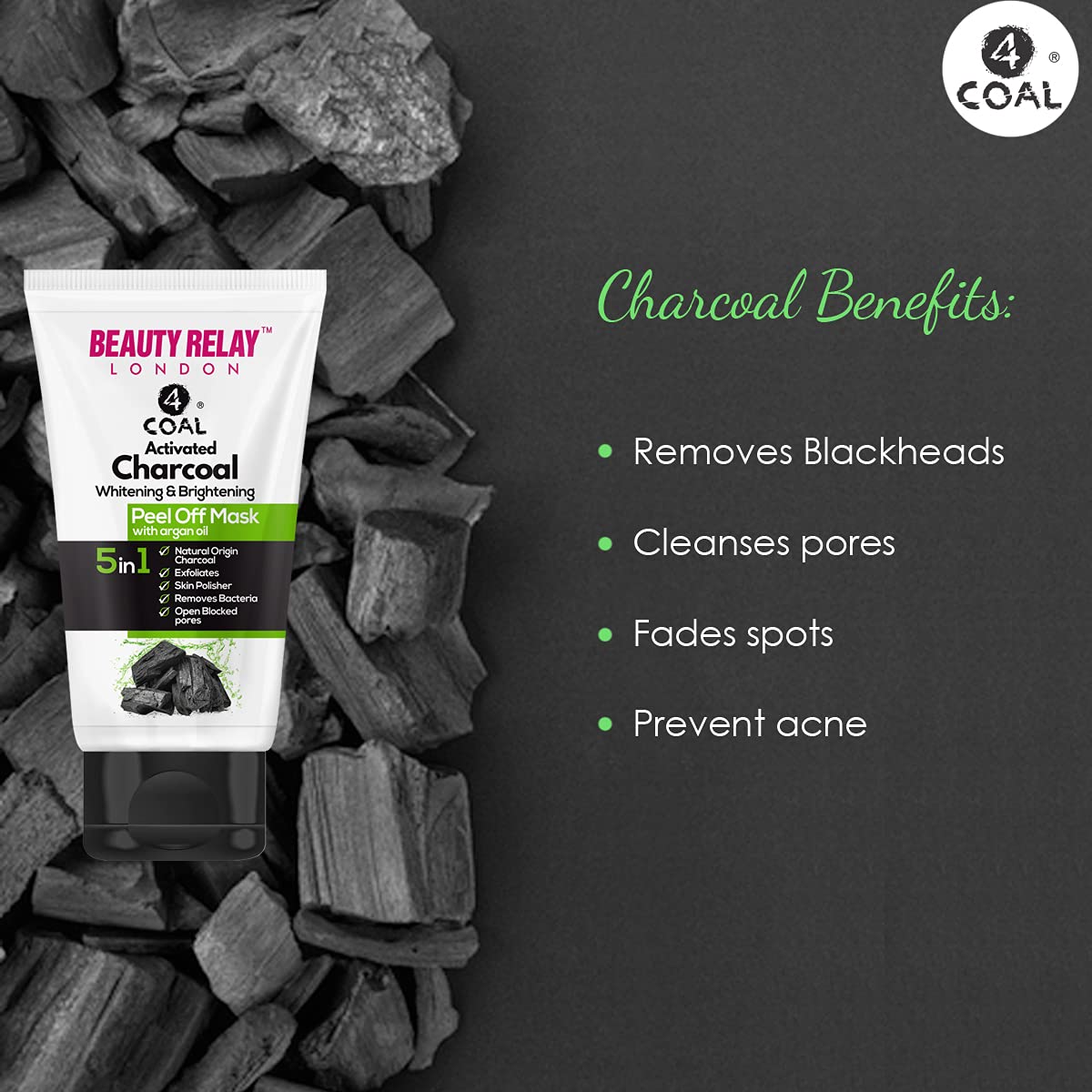 Beauty Relay London Activated Charcoal Peel Off Mask with Moringa & Argan Oil - Deep Skin Purifying & Cleansing Face Mask for Blackhead Removal & Pore Minimizing (Pack of 2) - Perfect for Spa Nights & Self-Care Routines