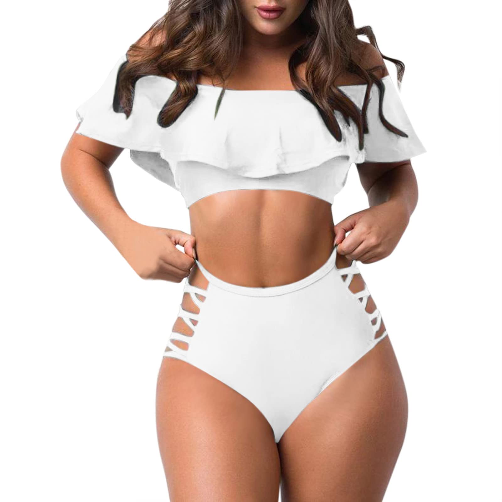 Sexy Red Off Shoulder Ruffled Swimsuit for Women - Tight Solid Color Split Swimwear with Board Shorts | Perfect for Beach Vacations, Pool Parties & Summer Getaways