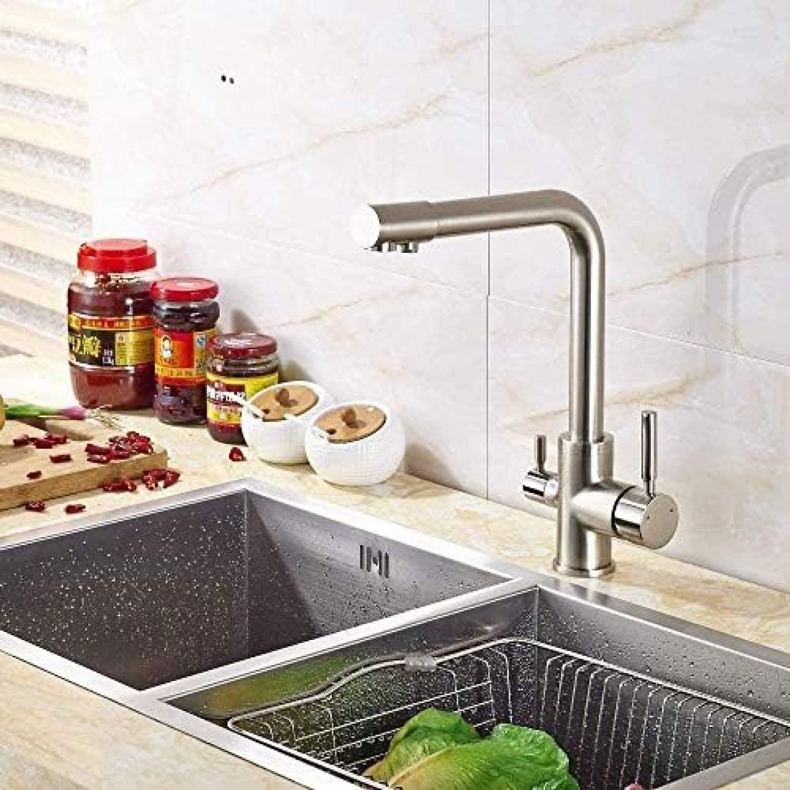 CRJUS Brushed Nickel Kitchen Faucet - Deck Mounted Pull Down Sprayer Mixer Tap for Modern Kitchen Sink, Ideal for Cooking, Washing Dishes & Food Prep