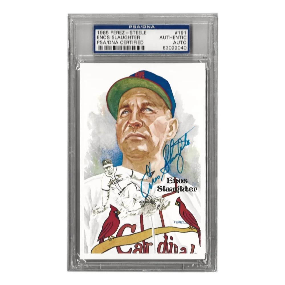 Enos Slaughter Autographed 1985 Perez Steele #191 Post Card with PSA COA - St. Louis Cardinals Memorabilia for Collectors & Sports Fans