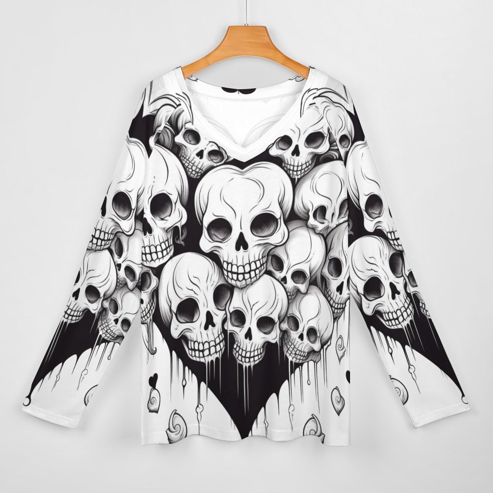 Gothic Dripping Skull Print Long Sleeve Loose Fit T-Shirt for Men & Women - Perfect for Halloween, Rock Concerts and Streetwear Fashion