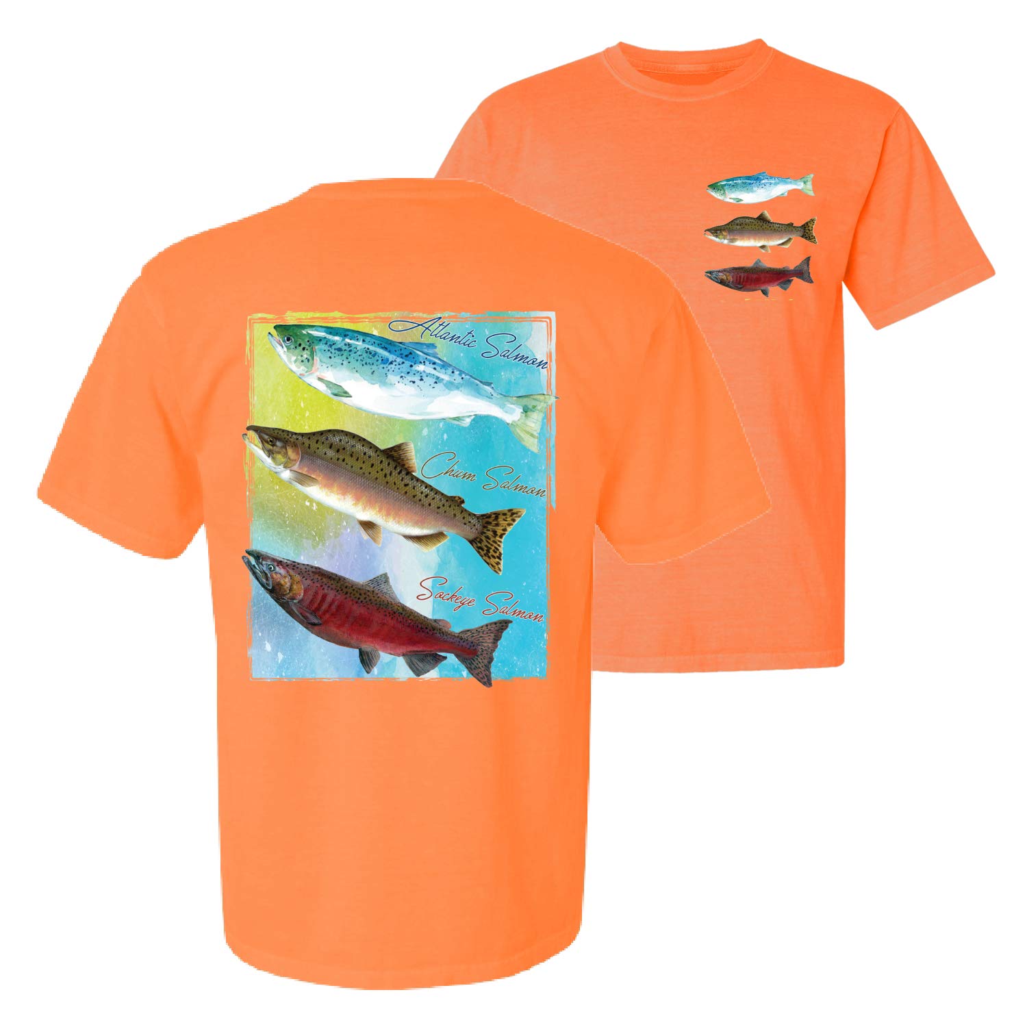 Atlantic Chum Sakeye Salmon Fishing Trio Graphic T-Shirt - Vintage Washed Short Sleeve Tee for Men - Perfect for Fishing Trips, Outdoor Adventures & Casual Wear