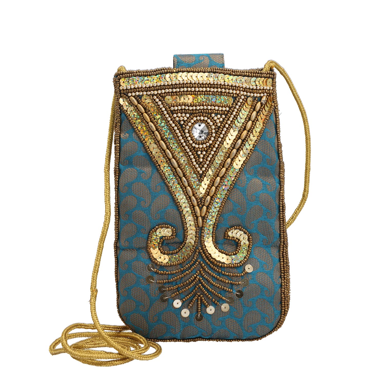 Shop LC Turquoise Brocade Fabric Beaded Pouch Coin Holder - Women's Elegant Handbag & Clutch Purse for Parties, Weddings & Special Occasions