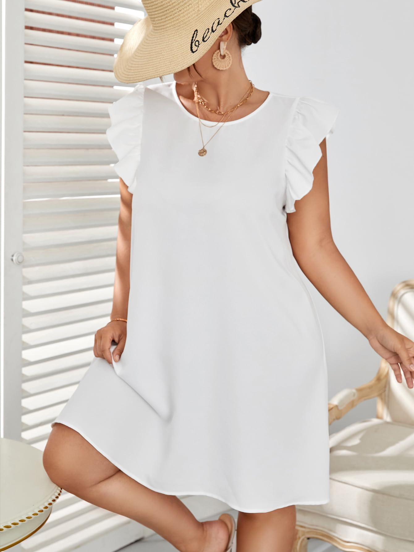 WDIRARA Women's Plus Size Ruffle Cap Sleeve Round Neck Summer Tunic Dress - Casual Flowy Outfit for Beach, Vacation & Everyday Wear