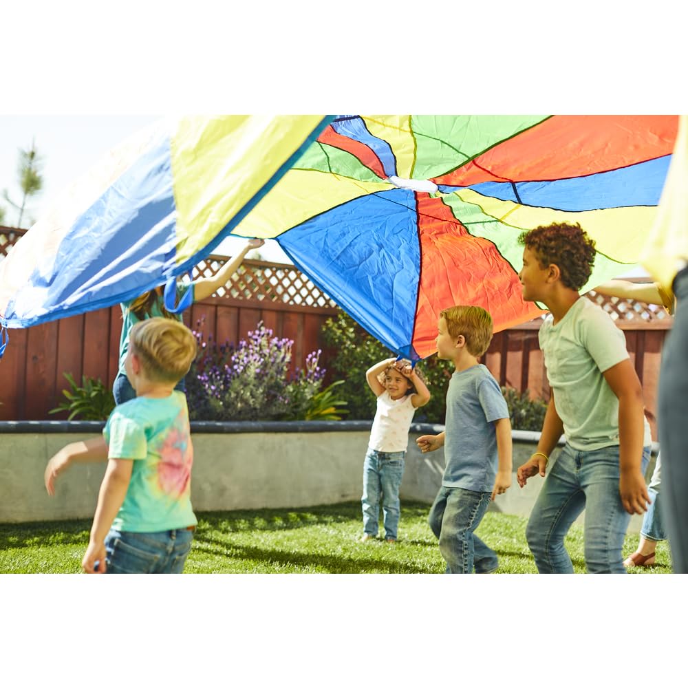 Excellerations Brawny Tough 6-Foot Rainbow Play Parachute for Kids with 8 Handles - Durable Gym & Outdoor Activity Toy for Group Games, Preschool Play & Physical Education