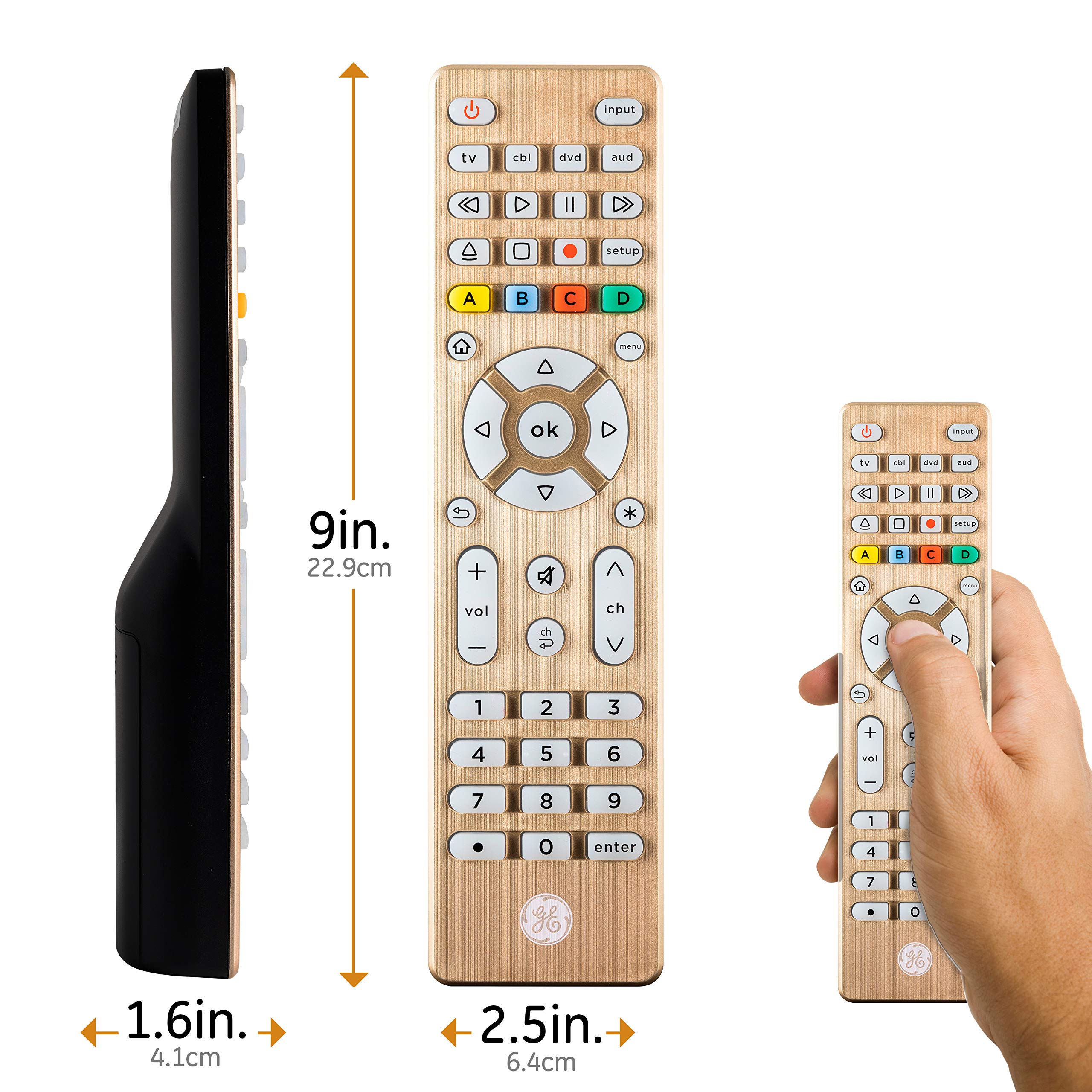 GE Universal Remote Control for Samsung, LG, Sony, Vizio, Roku TV & More - Compatible with Smart TVs, Streaming Players, Blu-ray & DVD (4-Device, Gold) - Perfect for Home Entertainment & Media Room Setup