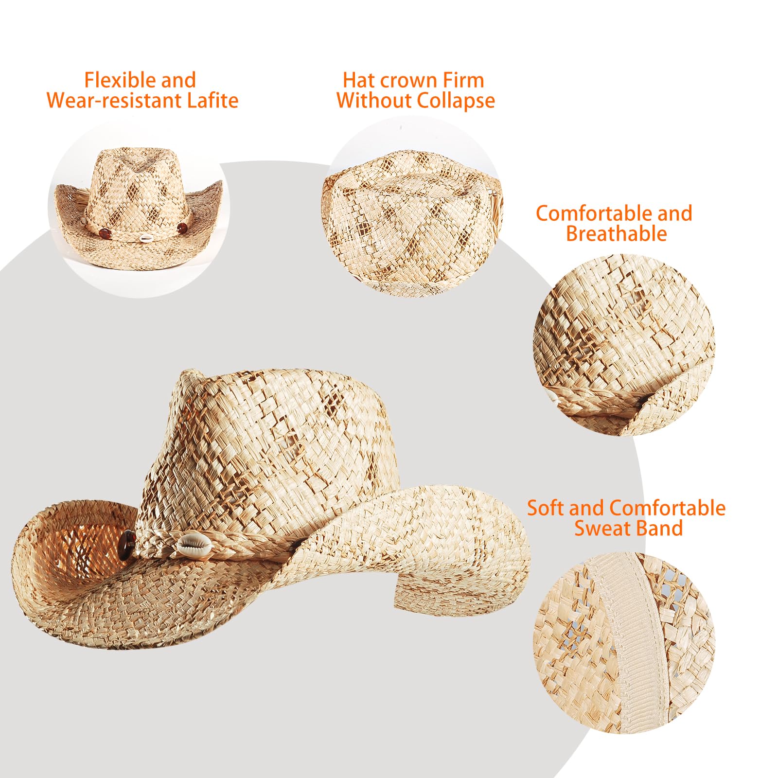 Stylish Straw Cowboy & Cowgirl Hats for Women & Men - Wide Brim Summer Beach Sun Hat - Western Panama Hat for Outdoor, Country Music Festivals & Vacations