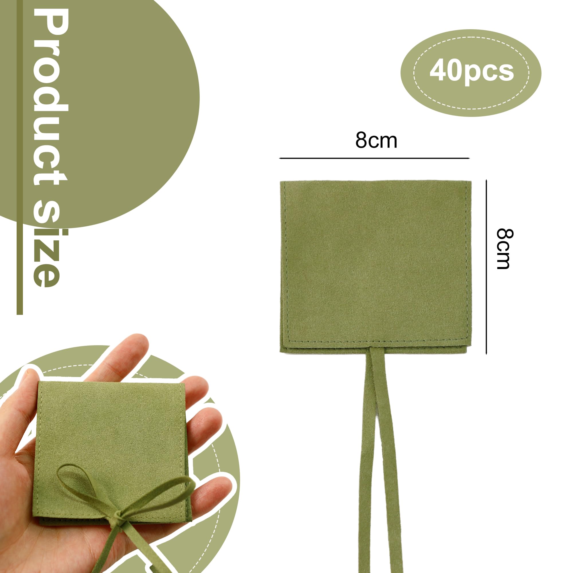 40-Piece Green Microfiber Jewelry Pouches 8x8cm - Premium Small Gift Bags for Rings, Earrings, Necklaces & Bracelets - Soft Velvet Storage & Travel Organizer for Jewelry Protection & Gifting