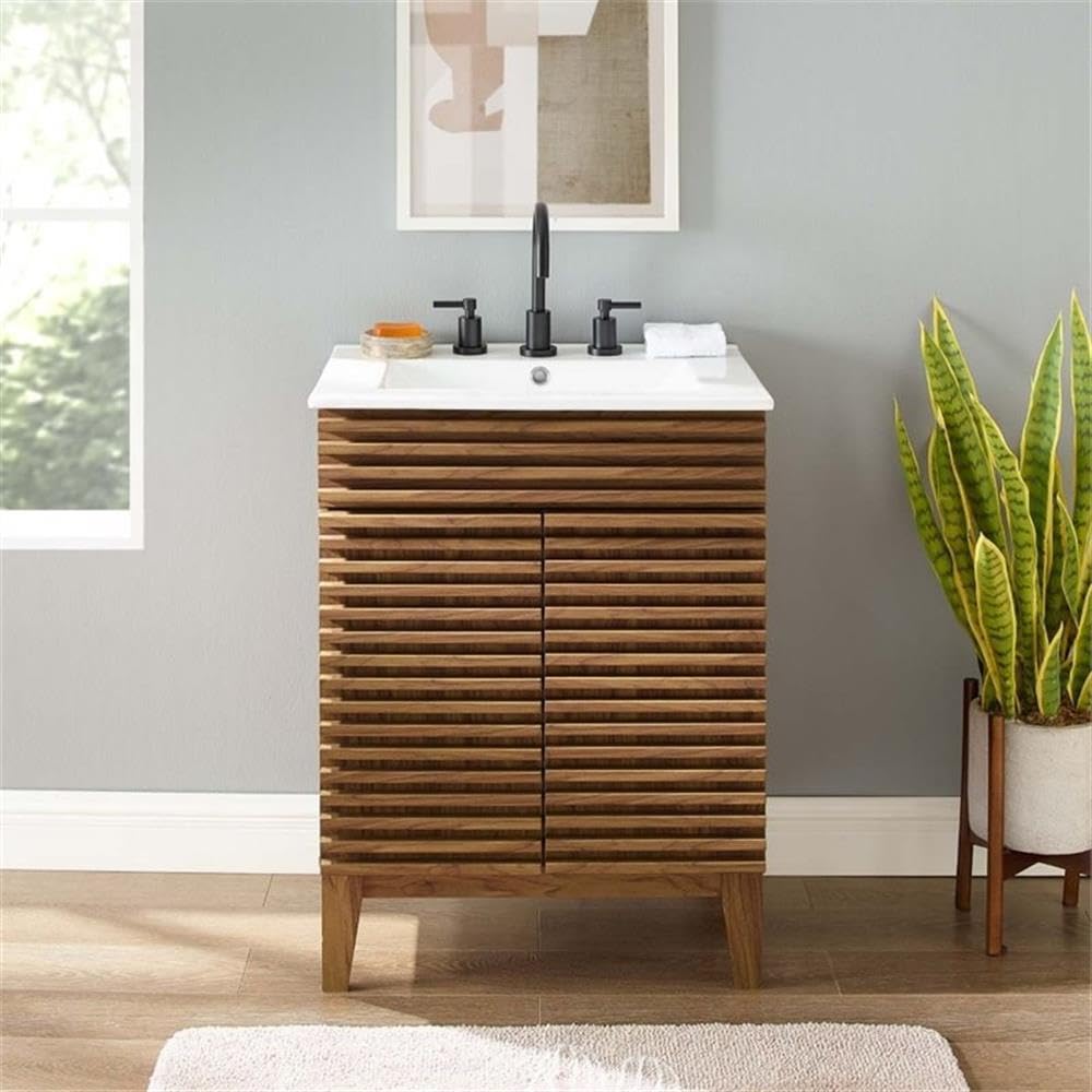 Allora Modern Wood Bathroom Vanity with Storage Shelf - Walnut/White Finish | Space-Saving Design for Small Bathrooms & Powder Rooms