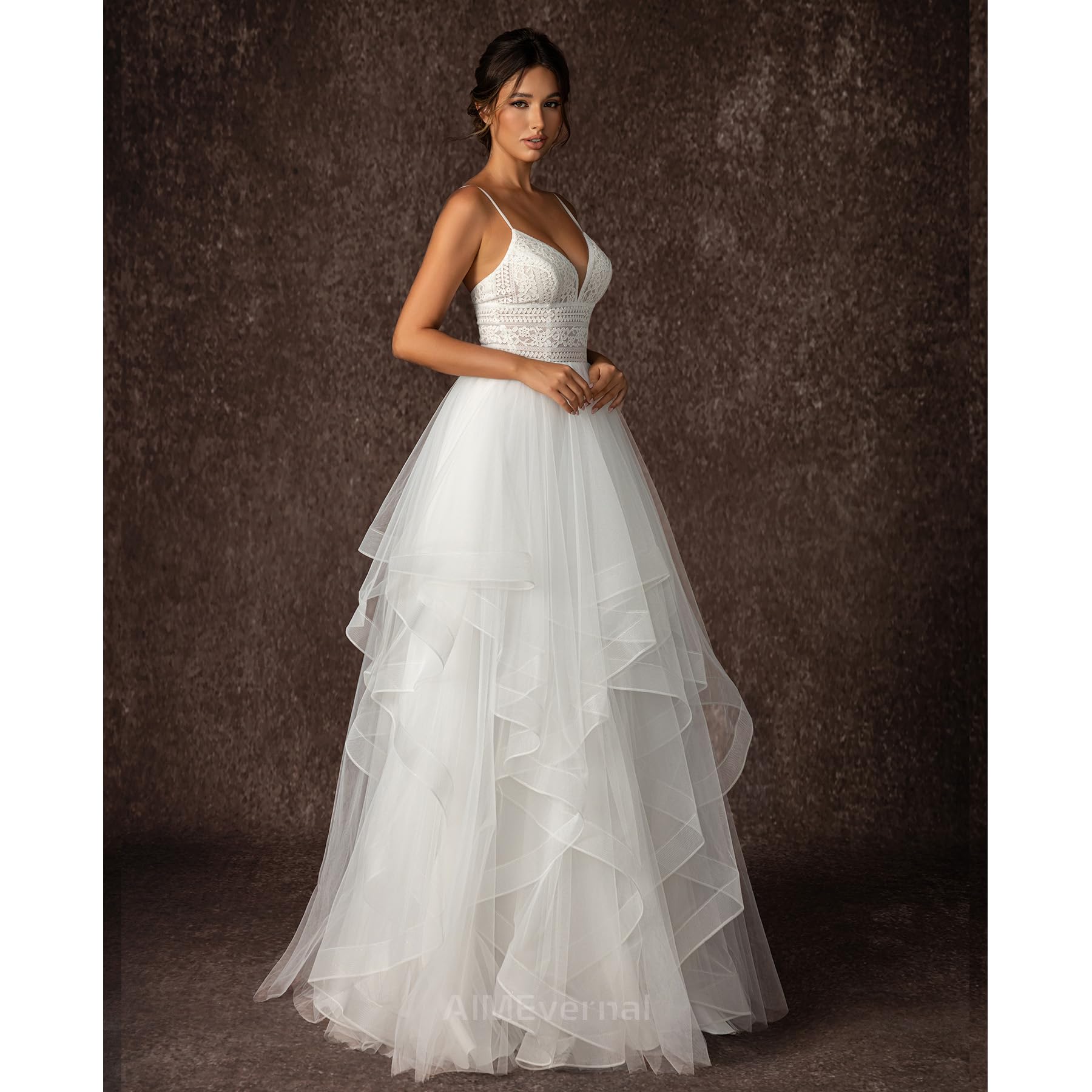 Boho Tiered Tulle Wedding Dress for Women - V Neck Slip Dress with Adjustable Straps | Sexy Beach Bridal Gown for Destination Weddings & Outdoor Ceremonies