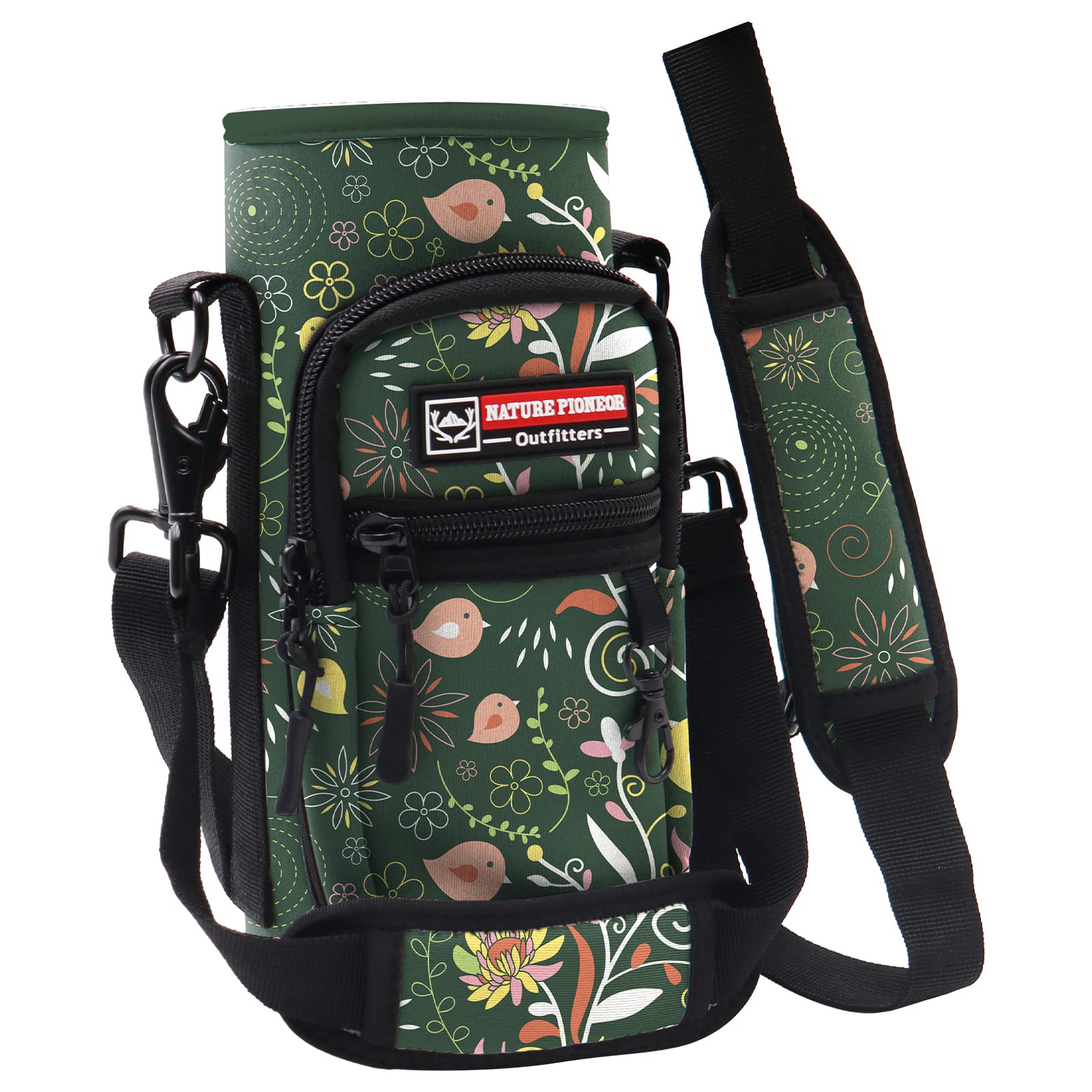 Neoprene Water Bottle Carrier with Strap & Pockets - 25/32/40OZ for Hiking & Gym