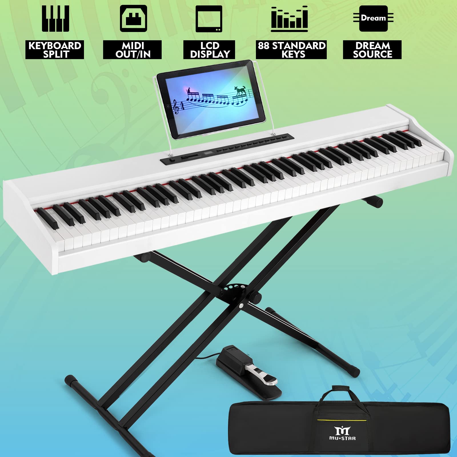 MUSTAR 88 Key Semi-Weighted Digital Piano for Beginners - Full Size Electric Keyboard with Stand, Built-in Speakers & Sustain Pedal (White) - Perfect for Home Practice, Music Lessons & Studio Recording