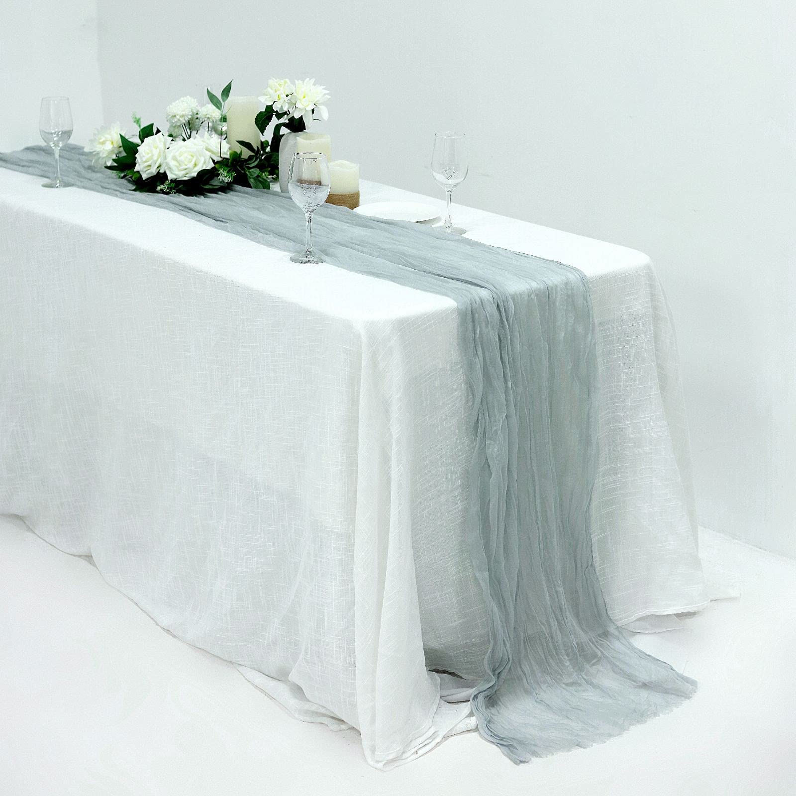 10ft Silver Cheesecloth Table Runner - Semi-Sheer Gauze Fabric for Weddings, Bridal Showers & Rustic Boho Summer Party Decor | Elegant Drapery for Dining Tables, Buffets & Outdoor Events