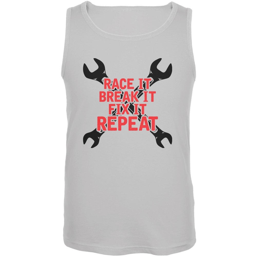 Auto Racing Tank Top for Men - 'Race It Break It Fix It Repeat' Graphic Tee - Comfortable White Muscle Shirt for Car Enthusiasts & Racing Fans - Perfect for Track Days, Car Shows & Casual Wear
