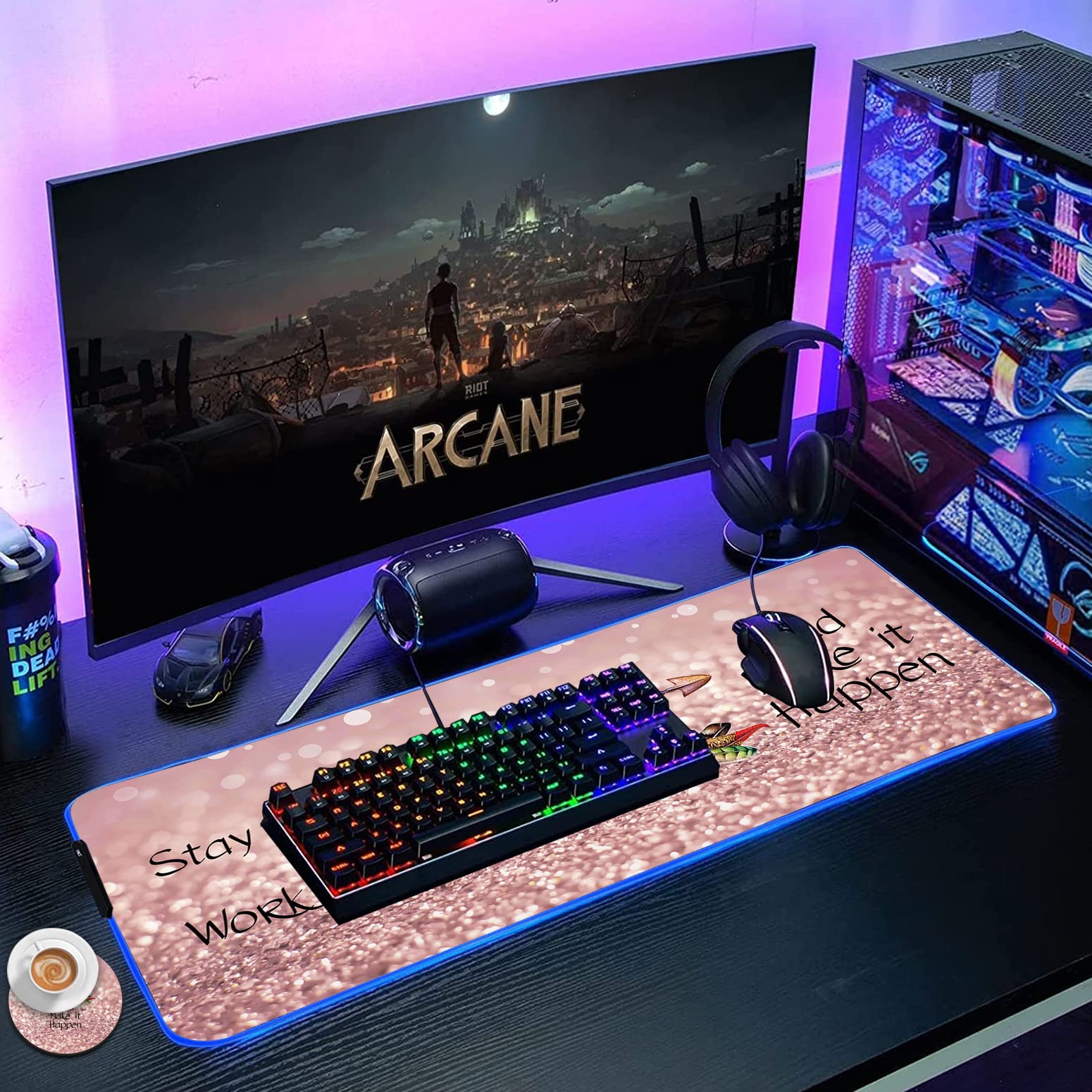 RGB Gaming Mouse Pad - Large LED Light-Up Desk Mat with Non-Slip Base, Pink Motivational Design - Perfect for PC Gaming, Office Work & Streaming Setup (Stay Positive Work Hard Theme)