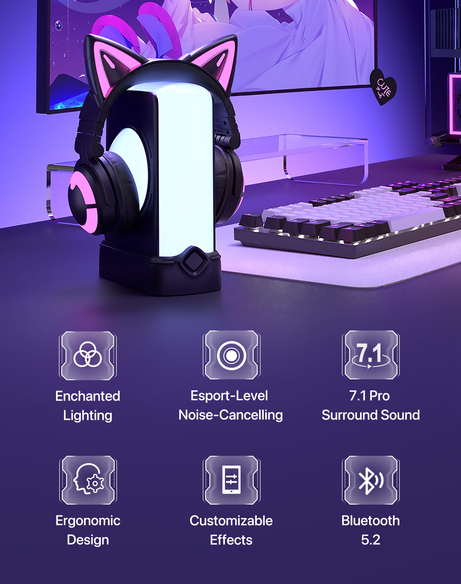 YOWU Cat Ear Headphones CE - Wireless/Wired Gaming Headset with Built-in Mic, RGB Lighting, Hi-Fi Sound for PC, PS4, PS5, Switch | Perfect for Anime Fans & Live Streaming (Black)