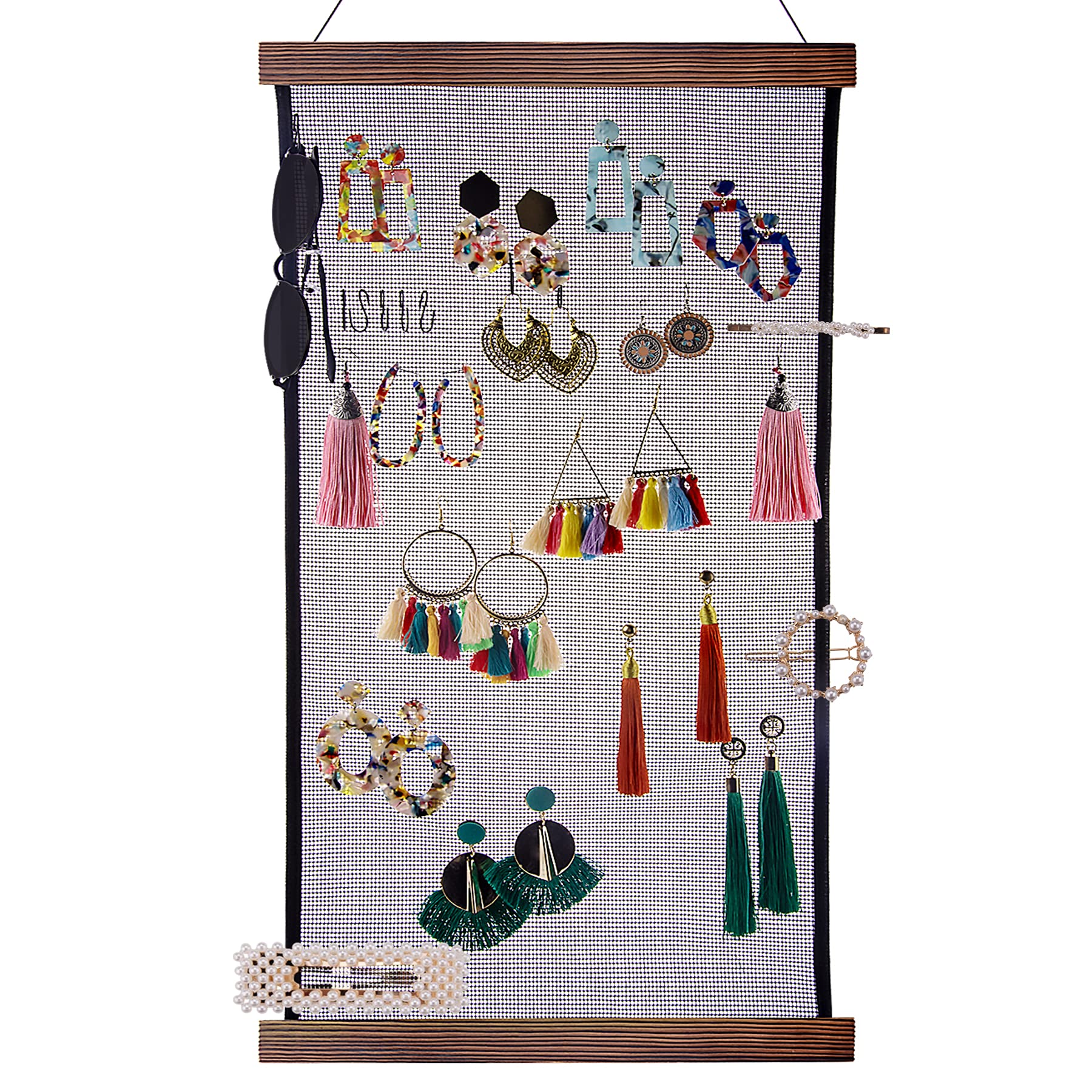 FEQO Wall Mounted Earring Holder Organizer - 31.5 x 15.7 Inch Jewelry Display with 30 S-Shaped Black Hooks - Perfect for Bedroom, Bathroom & Closet Organization (Stud, Hoop & Dangle Earring Storage)