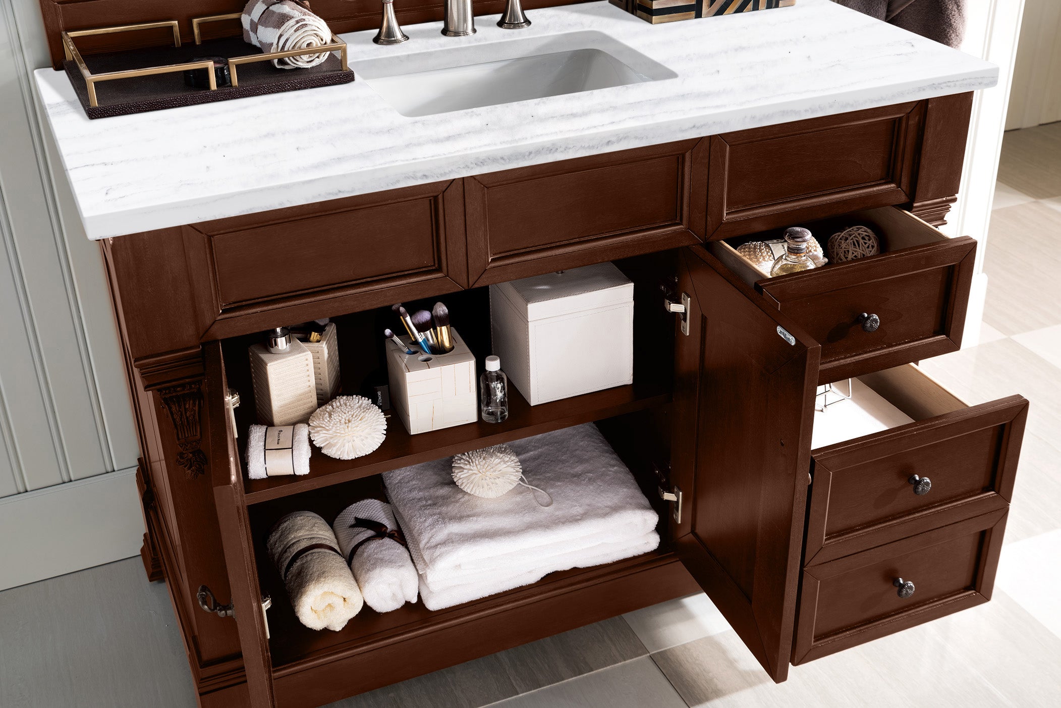 Brookfield 48 Inch Single Bathroom Vanity with Warm Cherry Finish & 3CM Arctic Fall Solid Surface Top - Perfect for Modern and Traditional Bathroom Designs