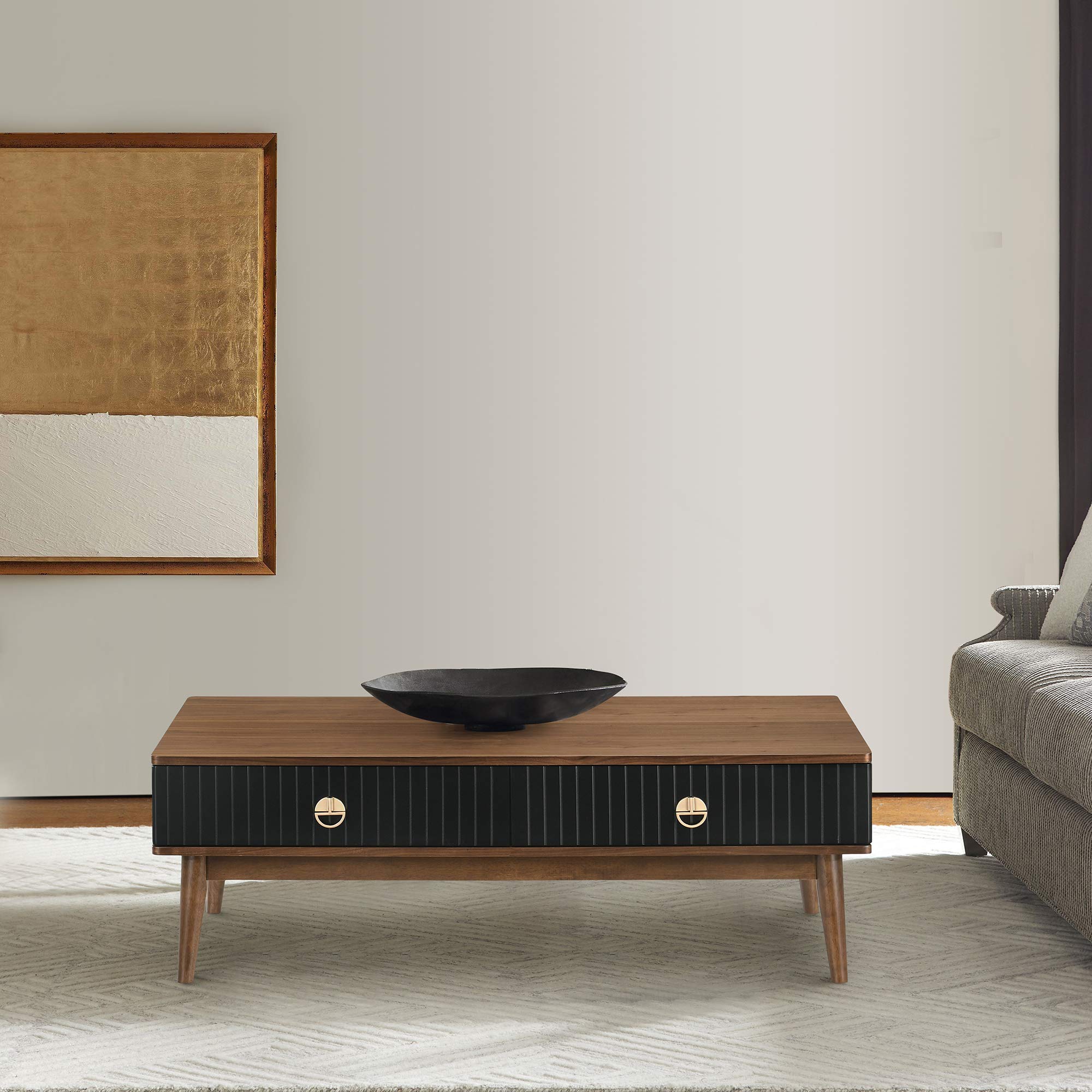 Armen Living Amigo Black Veneer & Walnut Wood Coffee Table - Modern Living Room Furniture for Small Spaces, Home Decor Centerpiece