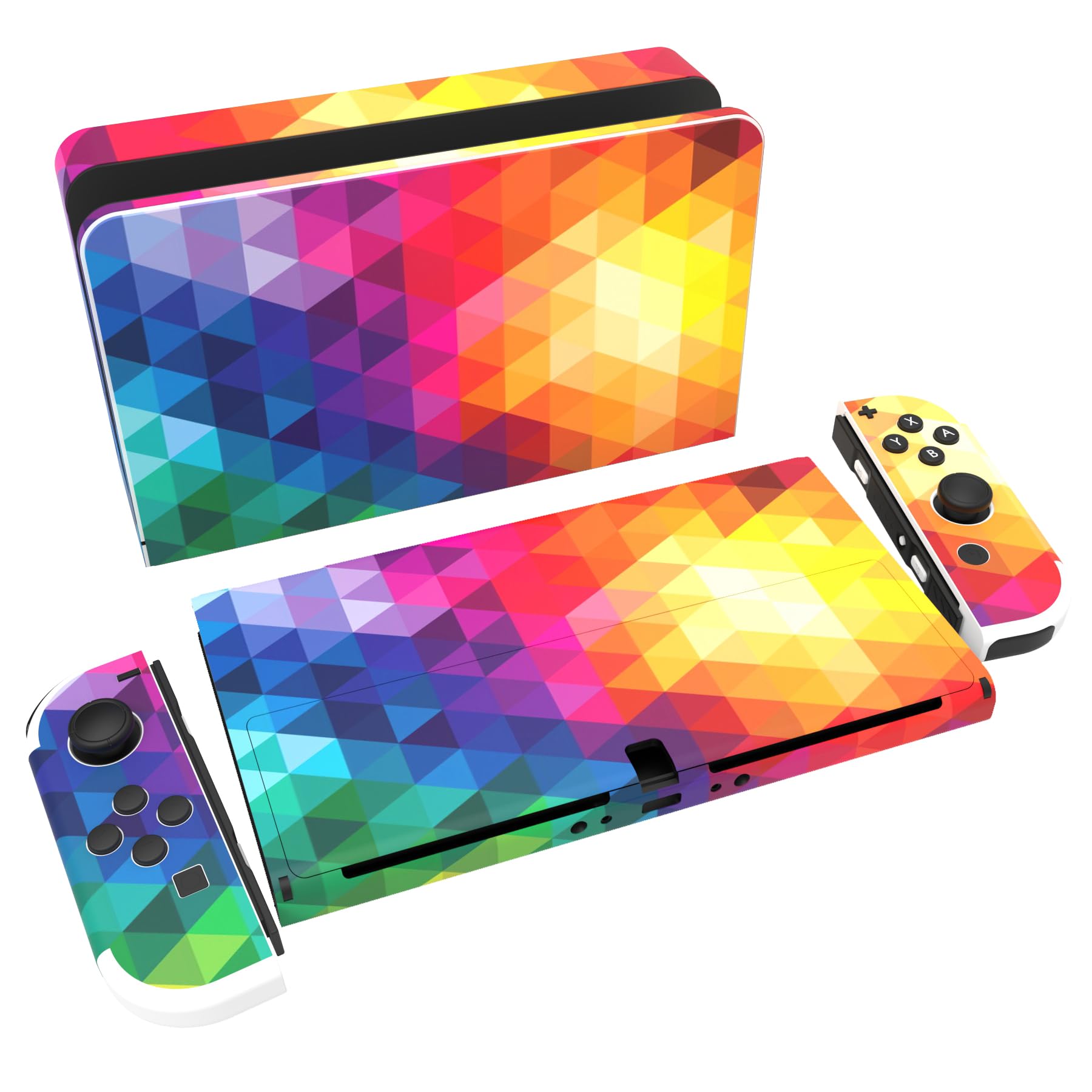 PlayVital Full Set Protective Stickers for Nintendo Switch OLED Model - Custom Vinyl Decal Skins for Switch OLED Console, Joycon, Dock & Grip - Colorful Triangle Design - Perfect for Gaming Protection and Personalization