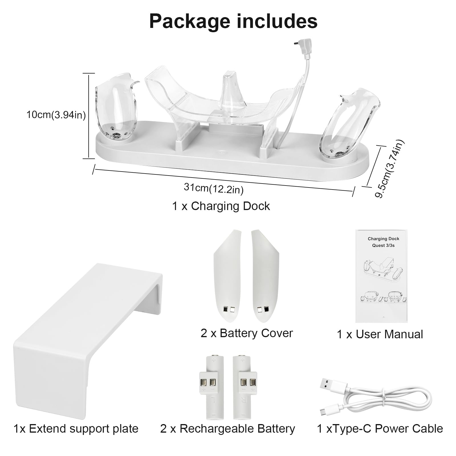 Meta Quest 3S/Quest 3 Charging Dock with 2 Rechargeable Batteries - Fast USB-C Charging for Headset & Controllers (2-3 Hours) - Perfect for VR Gaming & Entertainment