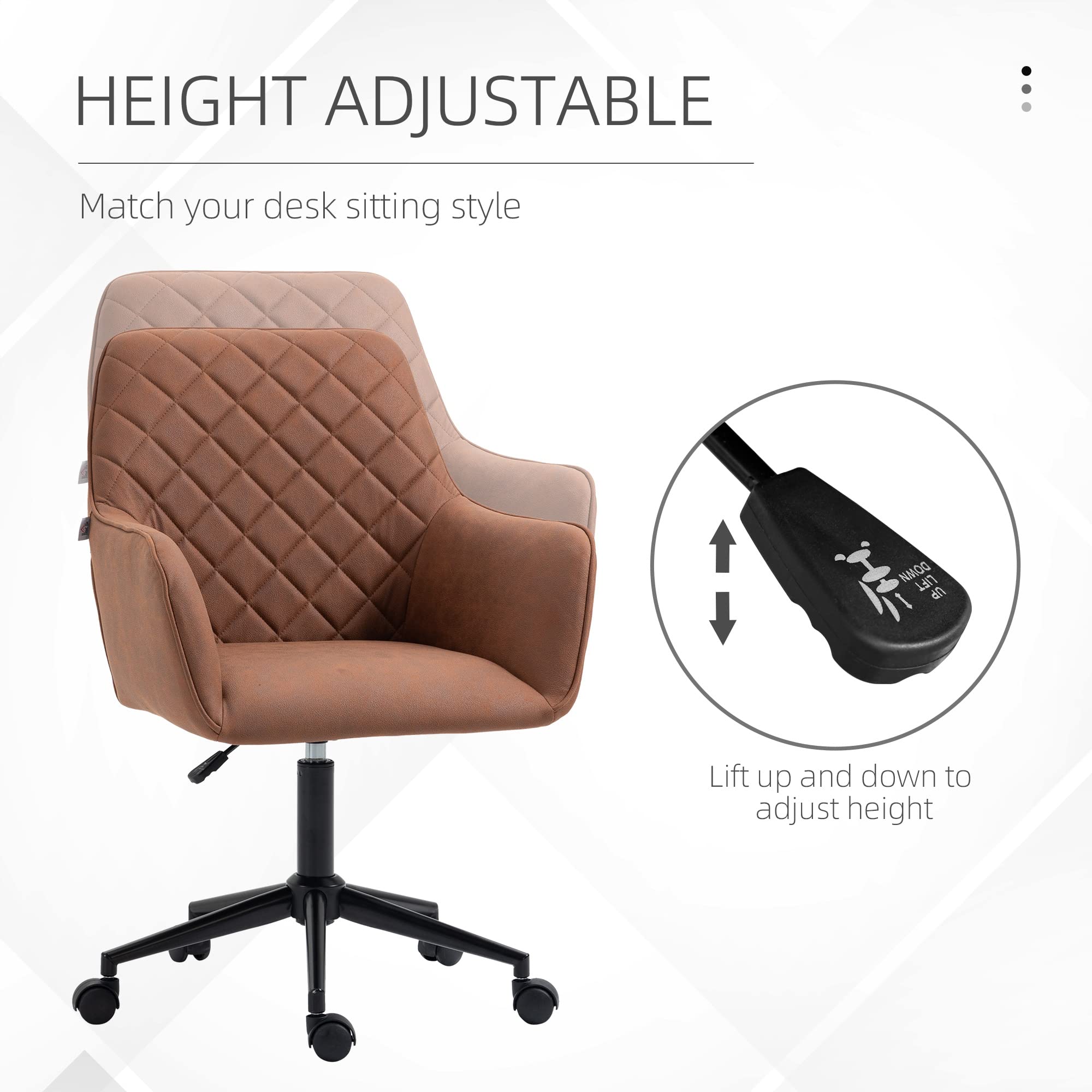 Vinsetto Mid Back Modern Home Office Chair - Adjustable Height Swivel Computer Desk Chair with Microfiber Upholstery, Diamond Stitch Design & Padded Armrests (Brown) - Perfect for Home Office, Gaming & Study Workspaces