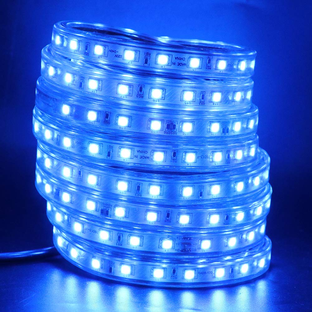 XUNATA 50ft LED Light Strip Kit - 5050 60 LEDs/M, Flexible Waterproof Rope Lights for Indoor & Outdoor Use (110-130V AC) - Includes Accessories - Blue - Perfect for Home Decoration, Party Lighting, and Commercial Display