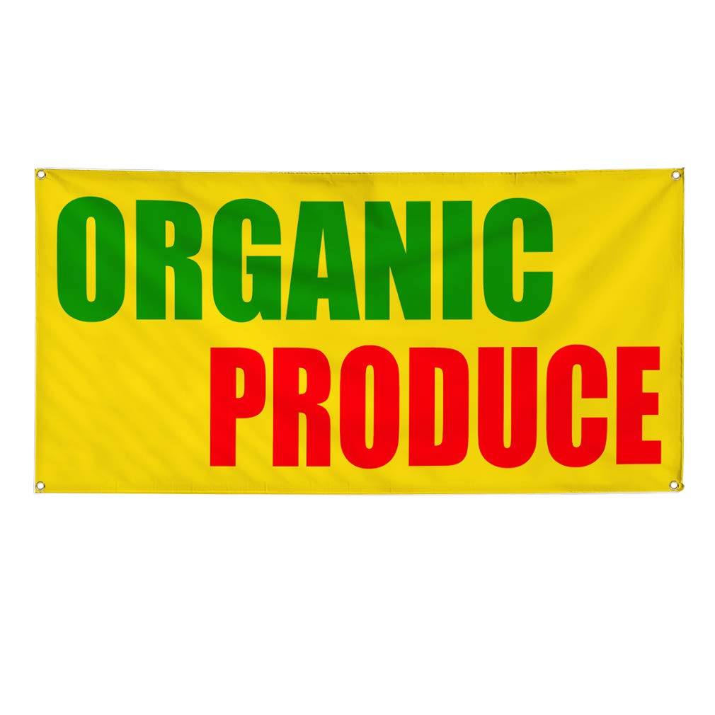 Vinyl Banner - 12x30 Inches, Weatherproof Outdoor Sign with 4 Grommets for Organic Produce Fairs, Restaurant Promotion, Business Events & Yard Signs - Durable Yellow Industrial Banner for Food Markets, Farmers Markets & Retail Store Advertising