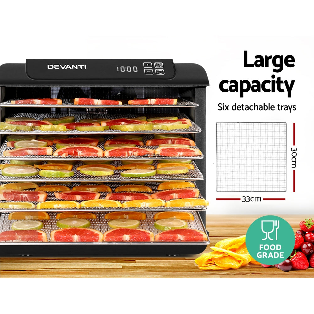 Devanti 6-Tray Food Dehydrator with Stainless Steel Trays - Perfect for Drying Fruits, Vegetables, Jerky & Herbs at Home