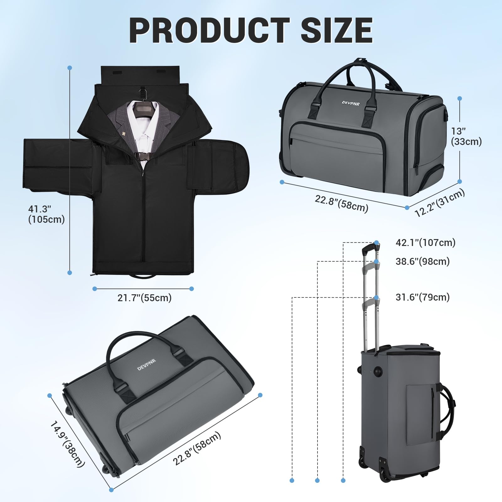 59L Rolling Garment Bag for Travel - Convertible 3-in-1 Carry On Duffle with Wheels & Shoe Compartment (Gray) | Perfect for Business Trips, Weddings & Airplane Carry-On Luggage