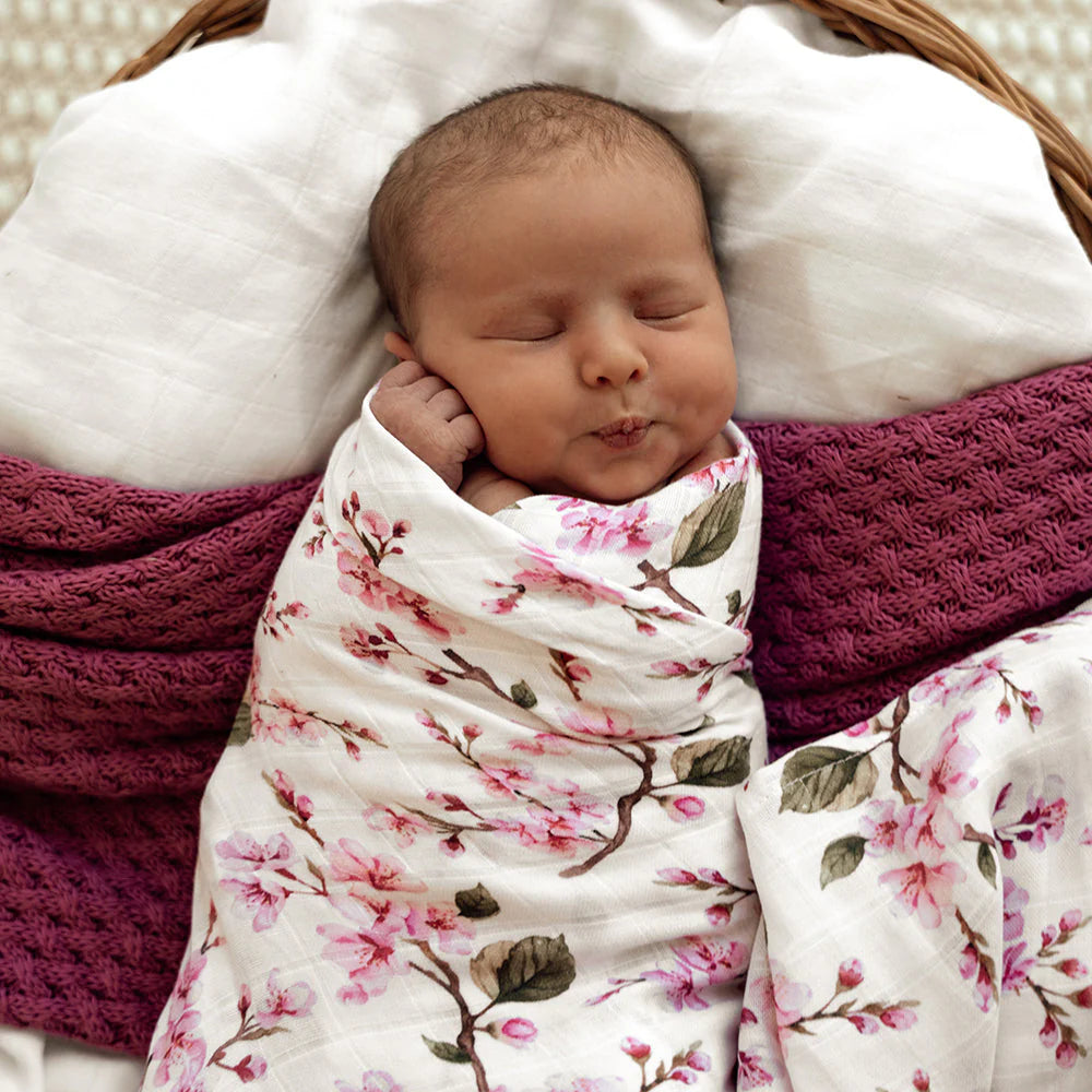Organic Cotton Muslin Baby Wrap - Soft & Breathable Swaddle Blanket for Newborns & Infants - Cherry Blossom Print - Perfect for Swaddling, Nursing & Cuddling