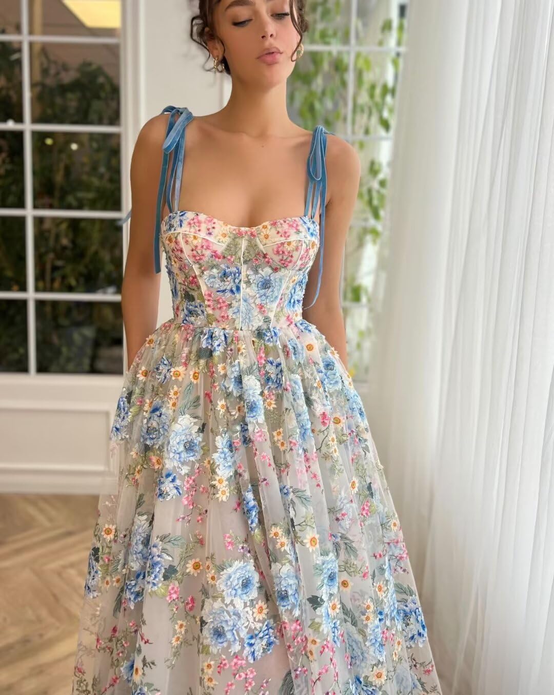 Wchecalino Women's Floral Print Tulle Prom Dress Tea Length 2025 Spaghetti Straps Formal Evening Gown - Perfect for Homecoming, Wedding Guest, Cocktail Party & Special Occasions