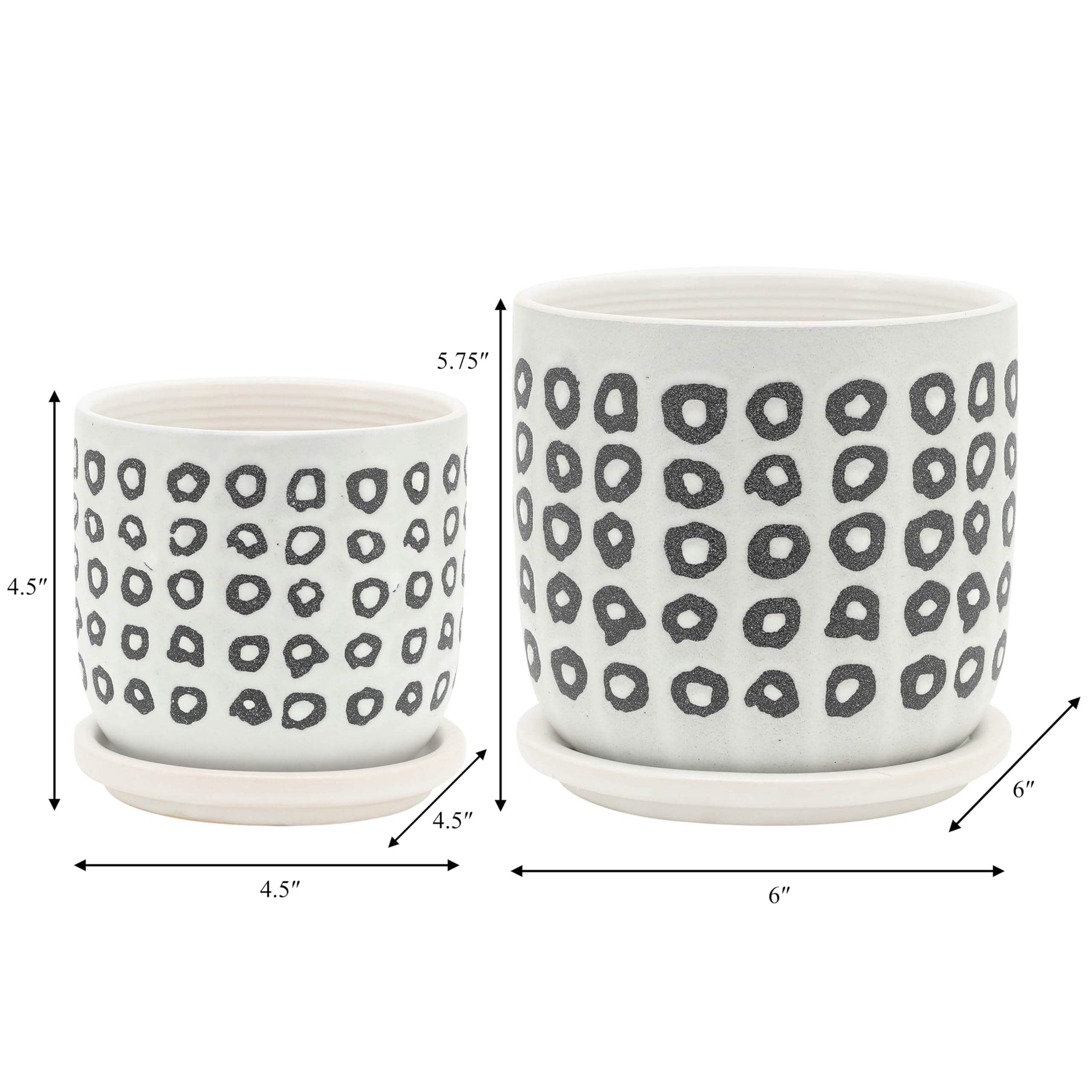 Set of 2 Modern Aztec Design Ceramic Plant Pots with Matching Saucers - White & Black Indoor Outdoor Flower Planters for Succulents, Herbs, Home & Garden Decor